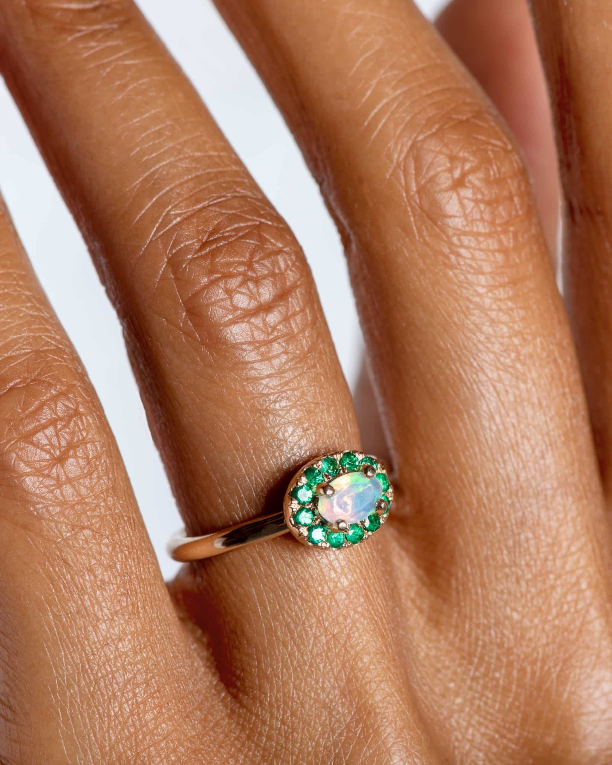 Dasha Opal with Emerald Halo Ring on figure
