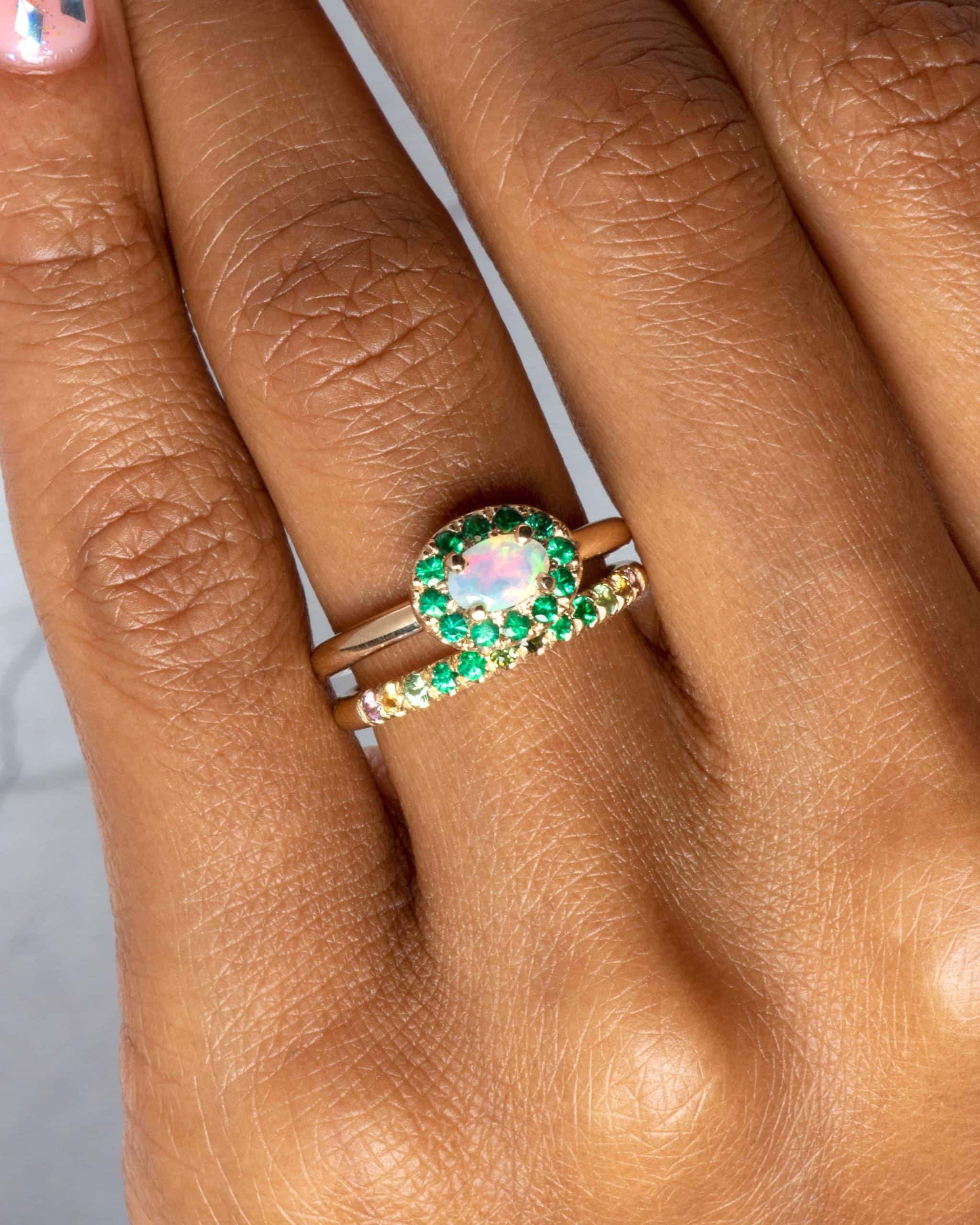 Dasha Opal with Emerald Halo Ring and Dasha Half Eternity Round Emerald Ombre Band on figure