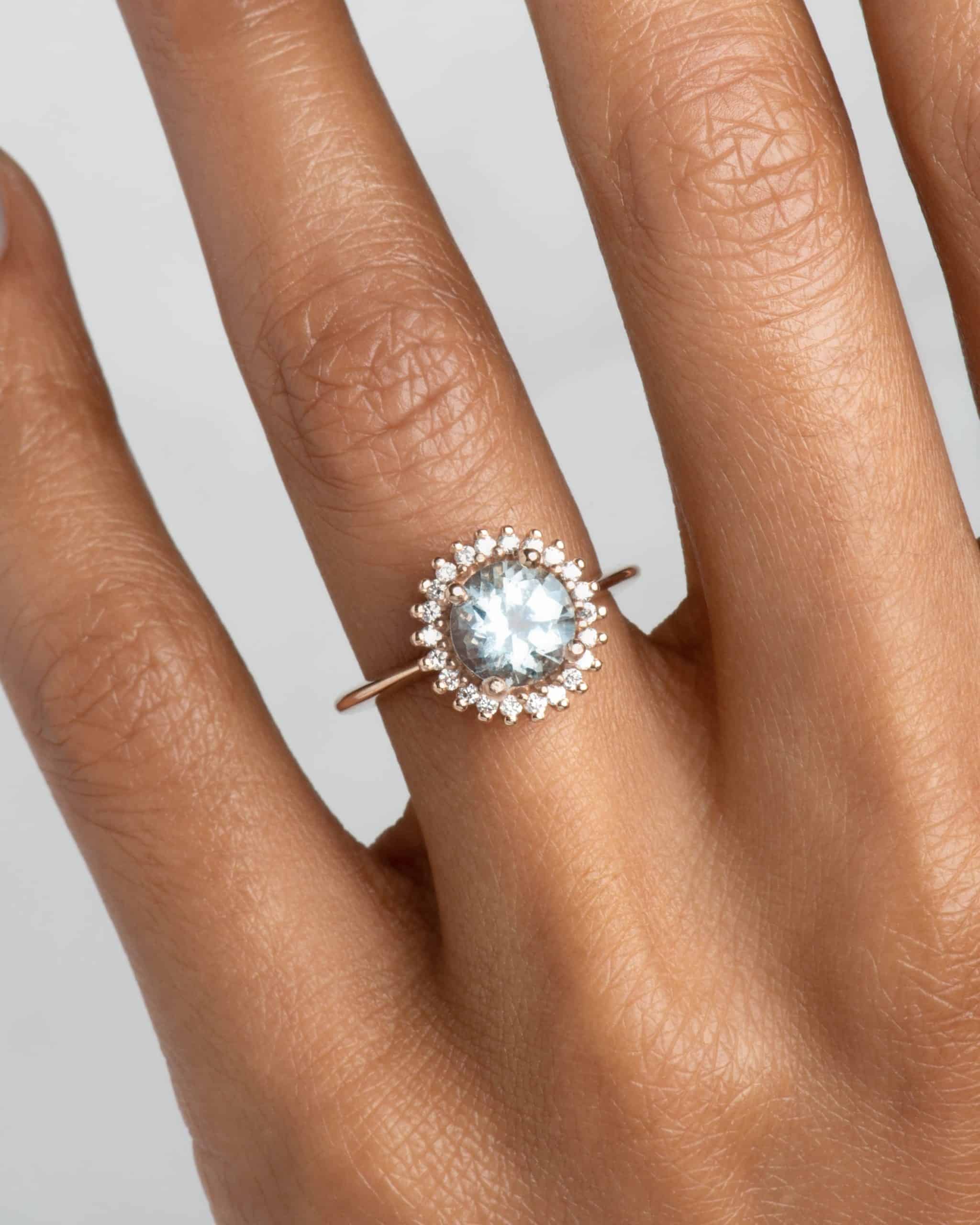 Stellium Aquamarine with Diamond Halo Ring on figure