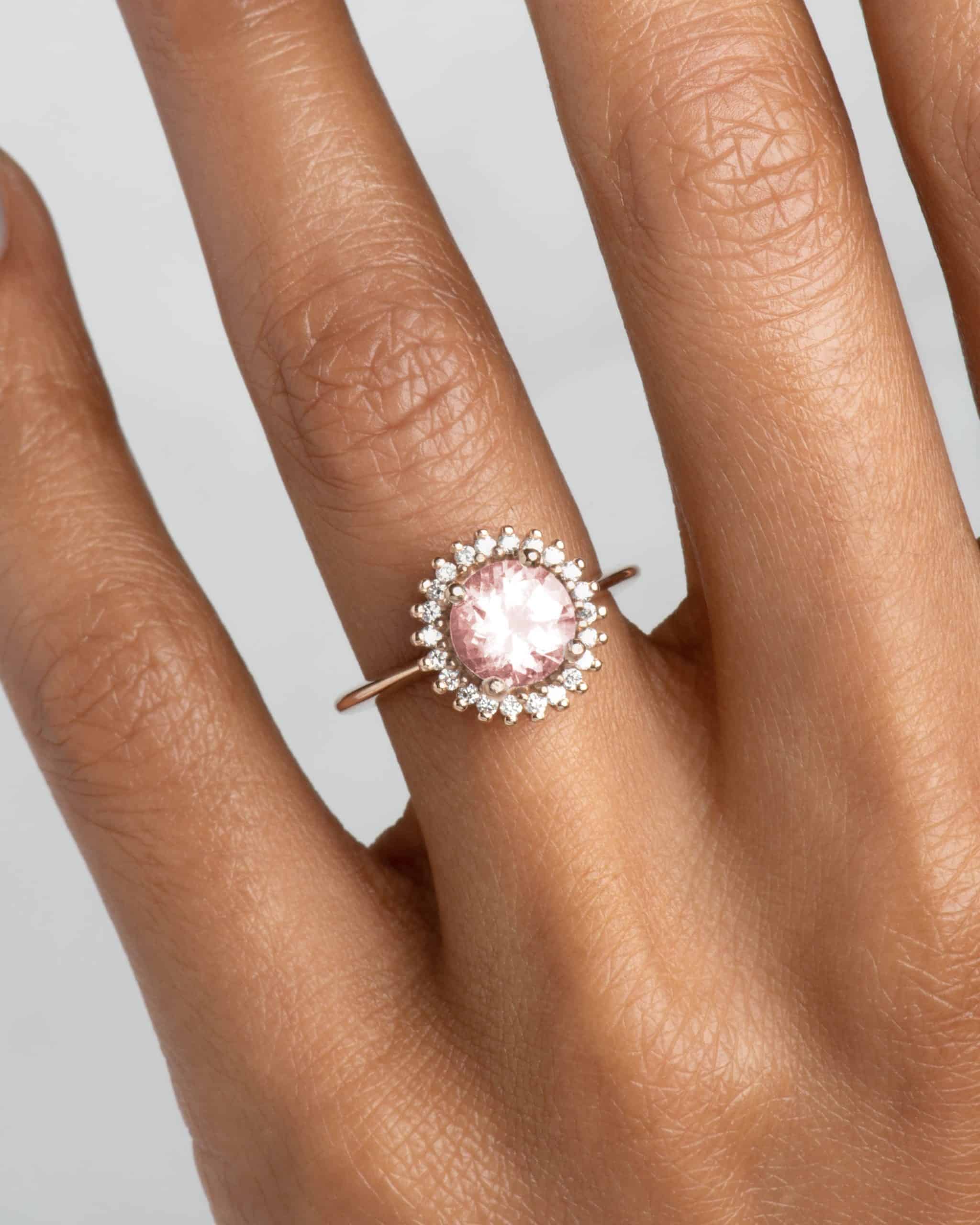Stellium Morganite with Diamond Halo Ring on figure