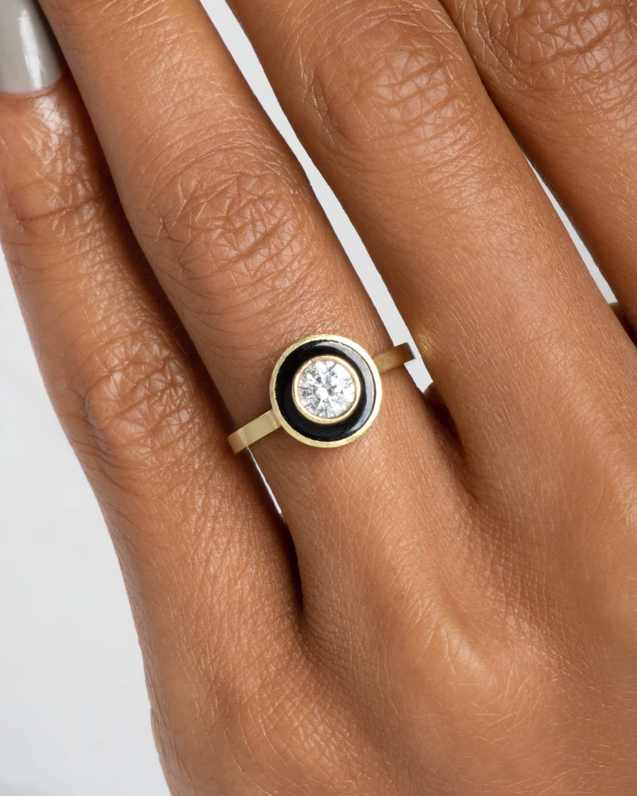 Senna Diamond Halo Ring with Black Enamel on figure