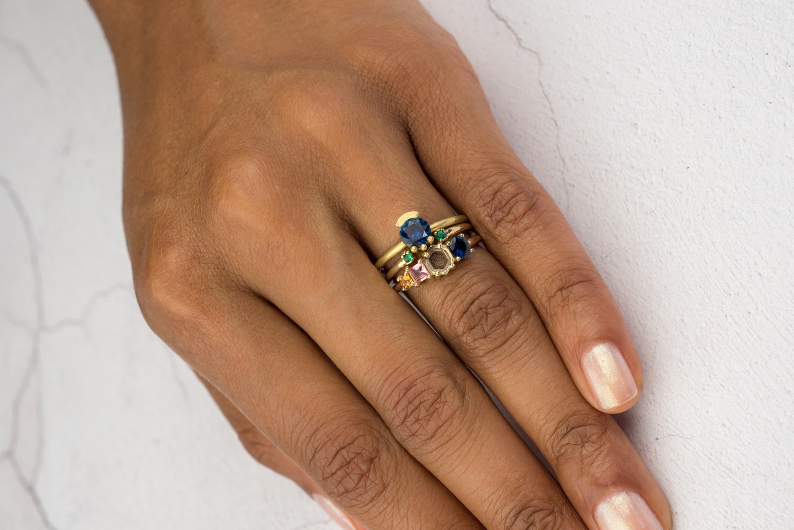 Wedding and Engagement Stack of Linear Hex Sapphire Ring, Open Lash Ring, Lash Solitaire Blue Sapphire Ring