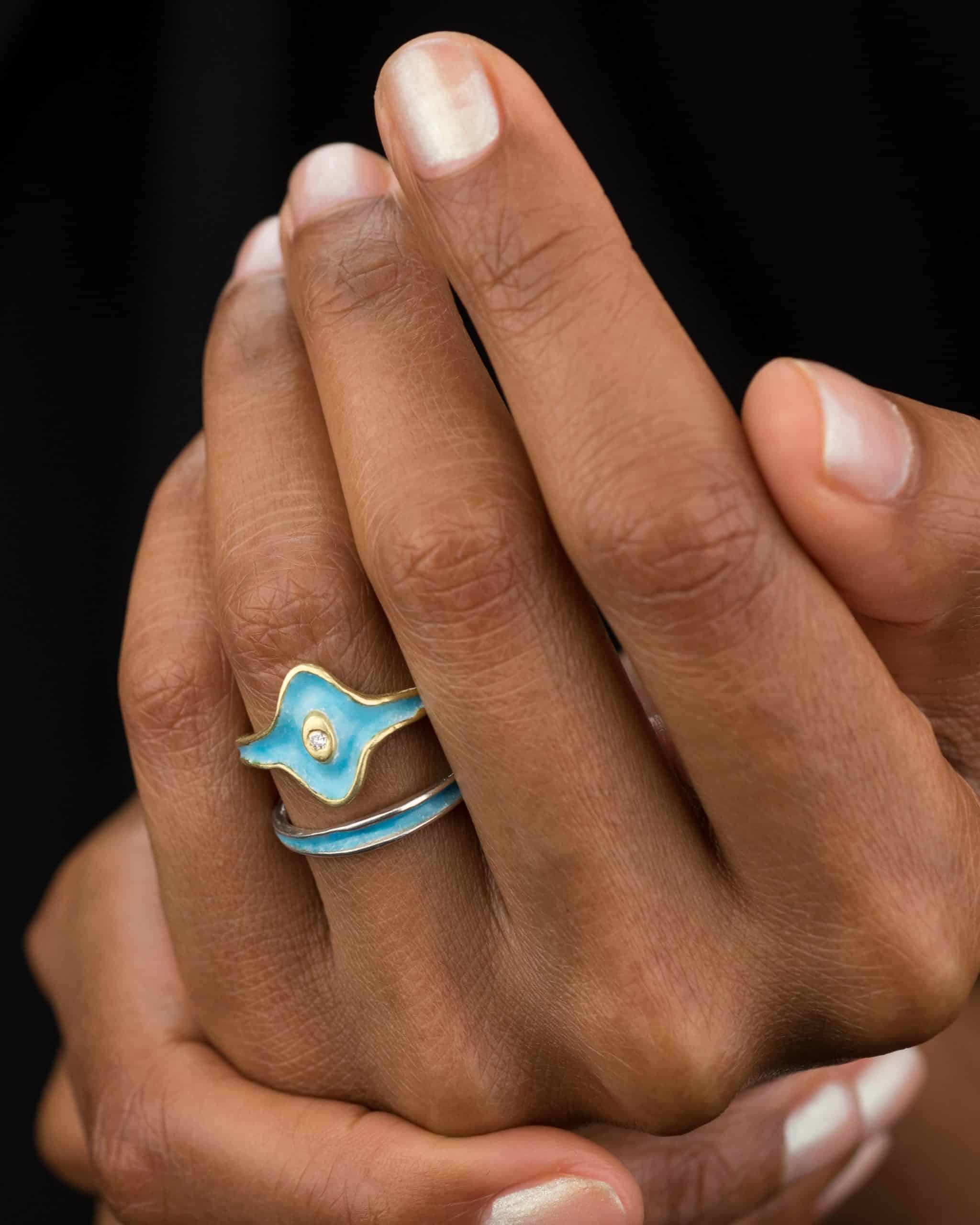 Arc Band with Robin's Egg Blue Enamel and Arc Diamond Halo Ring with Robin's Egg Blue Enamel on figure