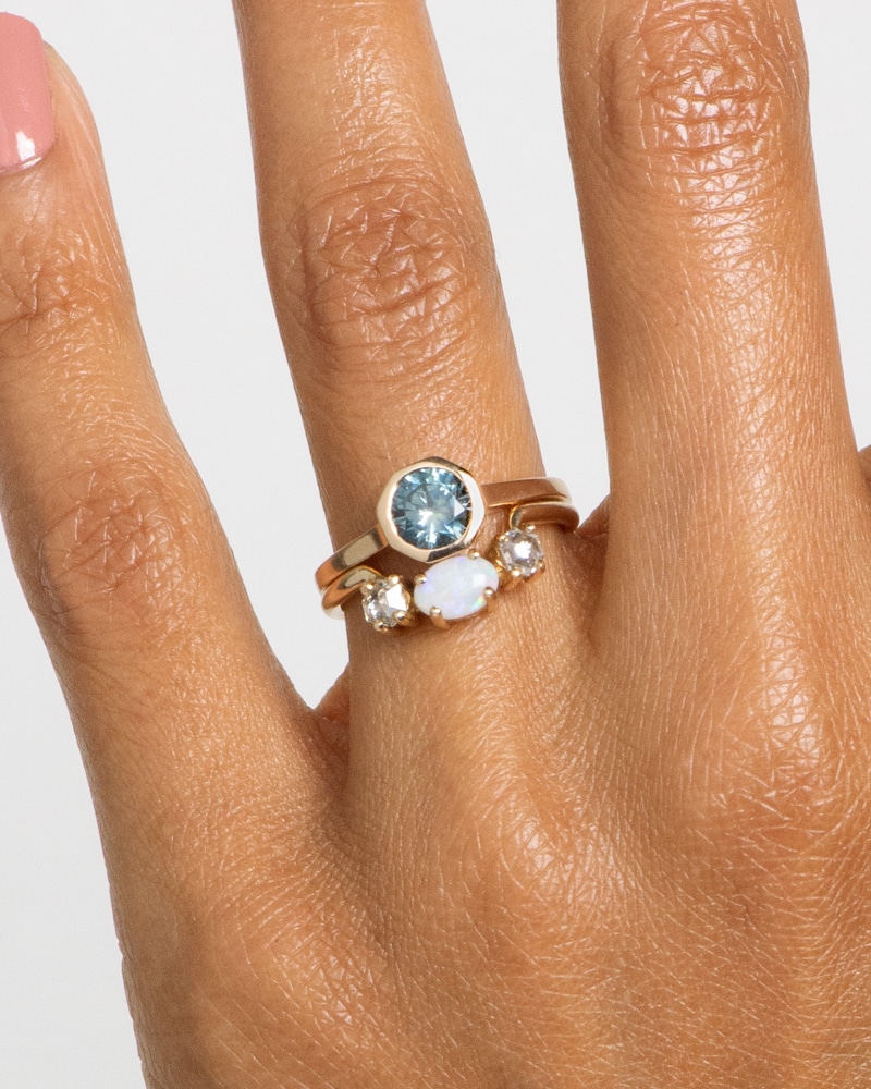 Allium Octad Blue Green Sapphire Ring with Icon Opal Hex Ring on figure