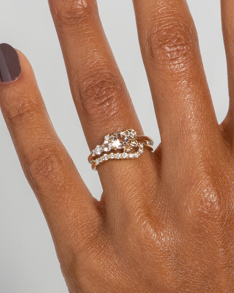 Burst Cluster Morganite with Diamond Ombré Ring with Radial Cluster Diamond Band on figure