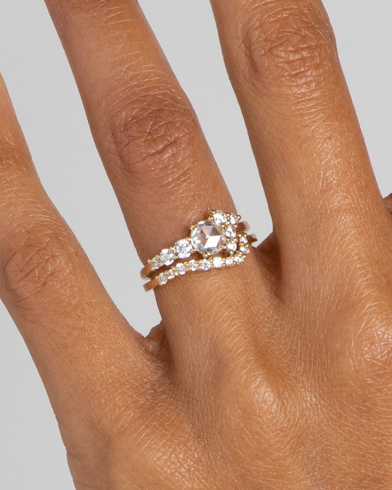 Radial Cluster Rose Cut Diamond Ring and Radial Cluster Diamond Band on figure