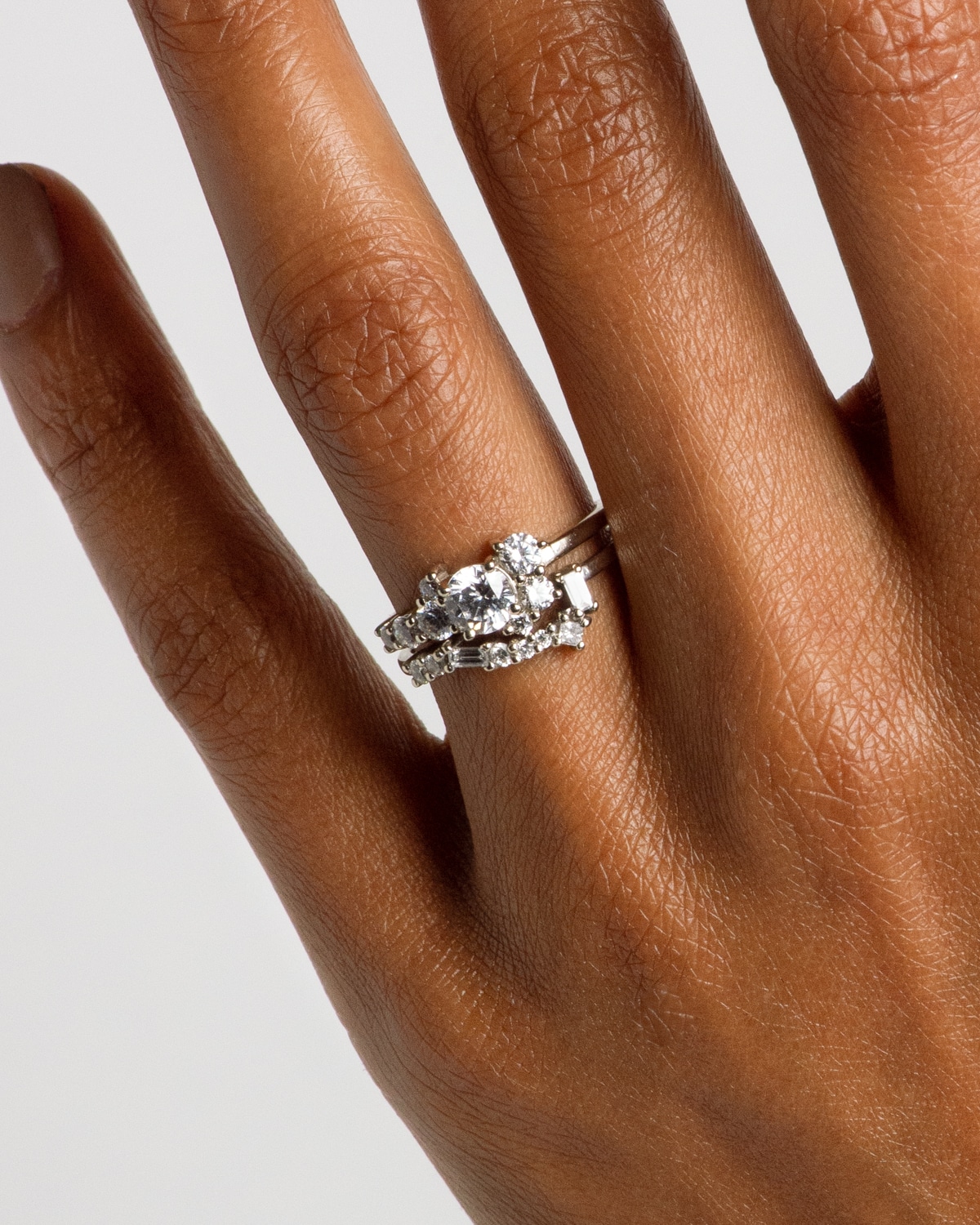 Burst Cluster Diamond Ring .90cts and Burst Cluster Diamond Band on figure