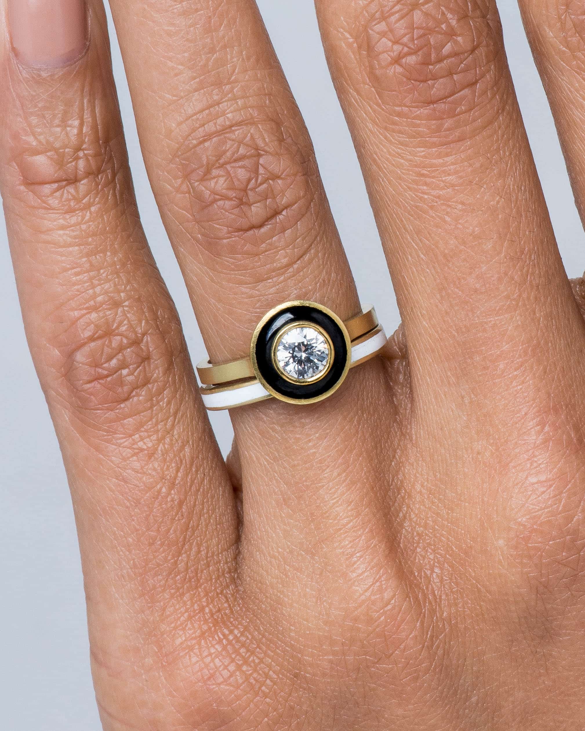 Senna Narrow Band with White Enamel and Senna Diamond Halo Ring with White Enamel on figure