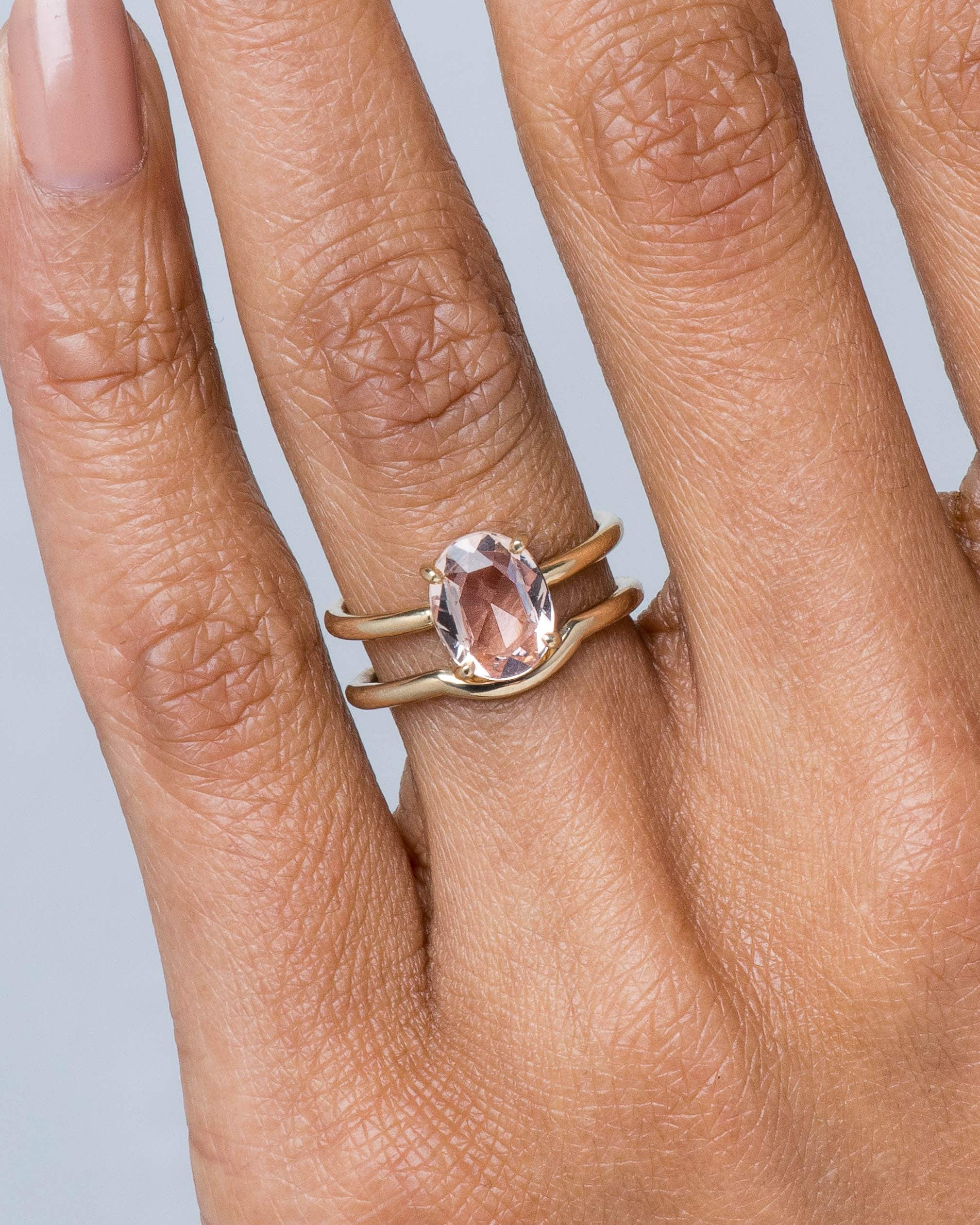 Kalmia Rose Cut Morganite Ring and Nikko Curved Band on figure