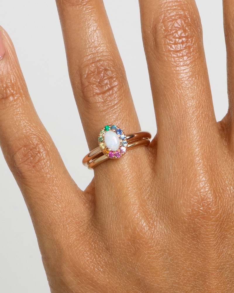 Dez Opal with Rainbow Halo Ring with Stackable Band on figure