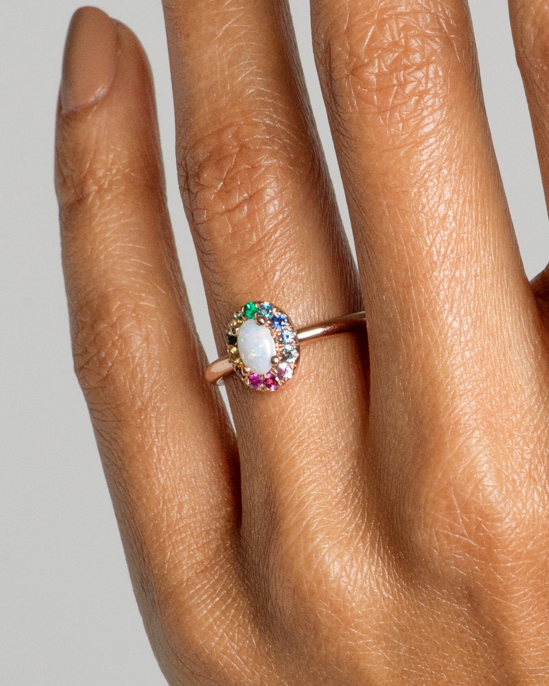 Dez Opal with Rainbow Halo Ring on figure