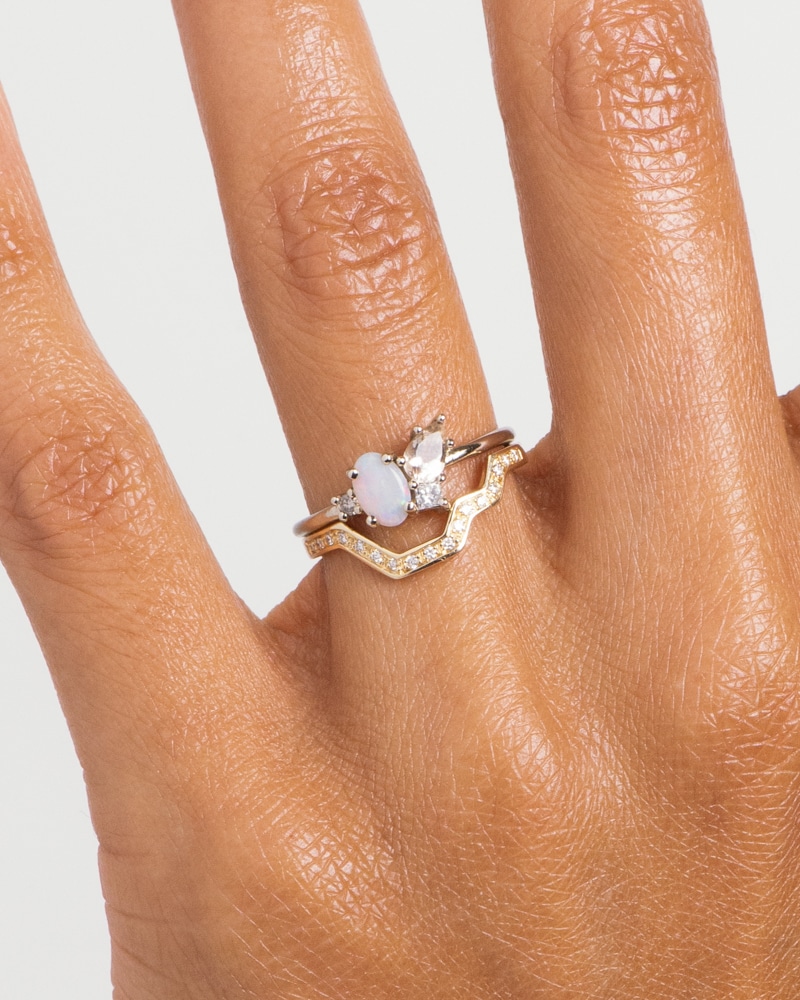 Eaves Cluster Opal with Morganite Ring with Linea Diamond Band on figure