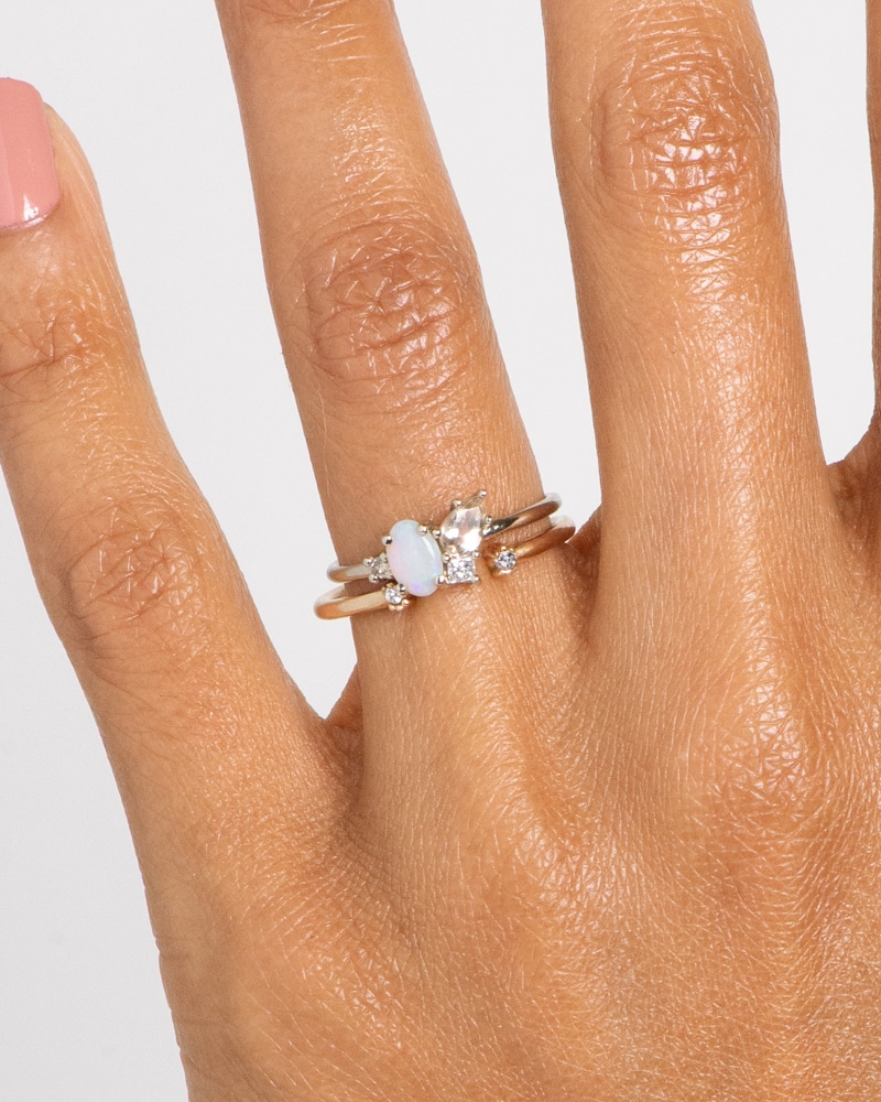 Eaves Cluster Opal with Morganite Ring and Open Lash Mini Diamond Ring on figure