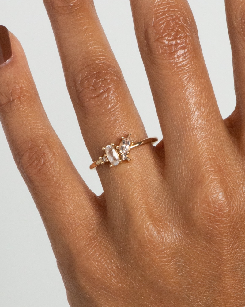 Eaves Cluster White Sapphire Oval with Morganite Ring on figure