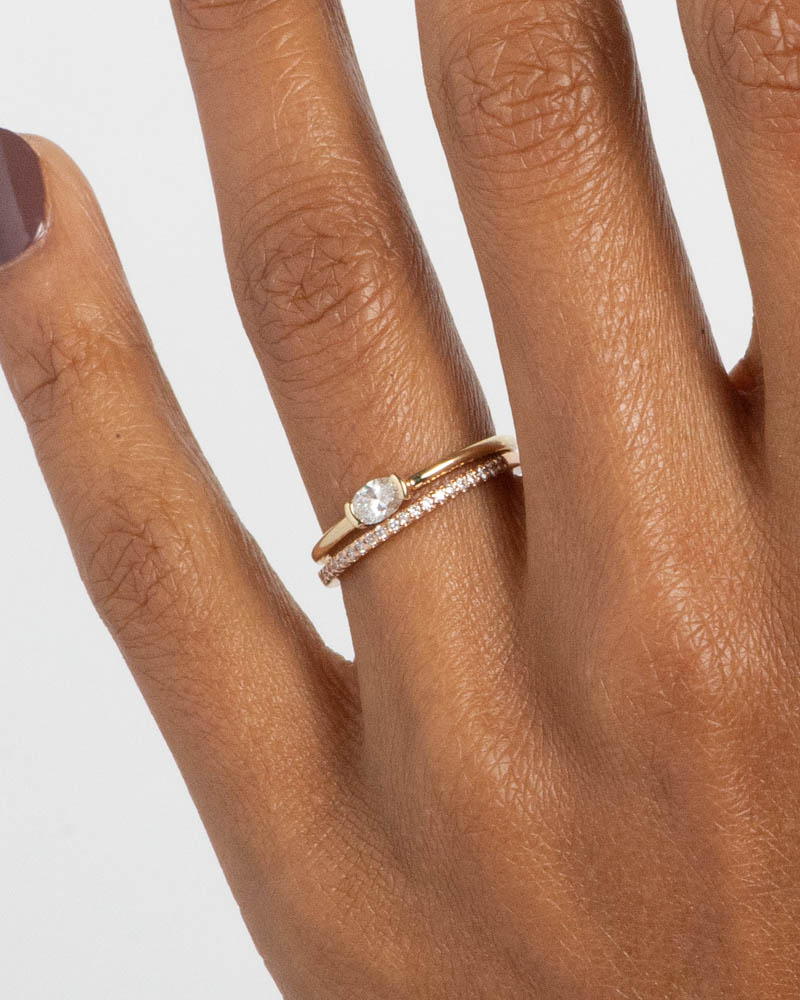 Eternity Diamond Narrow Band with Nikko Mini Diamond Oval Ring on figure