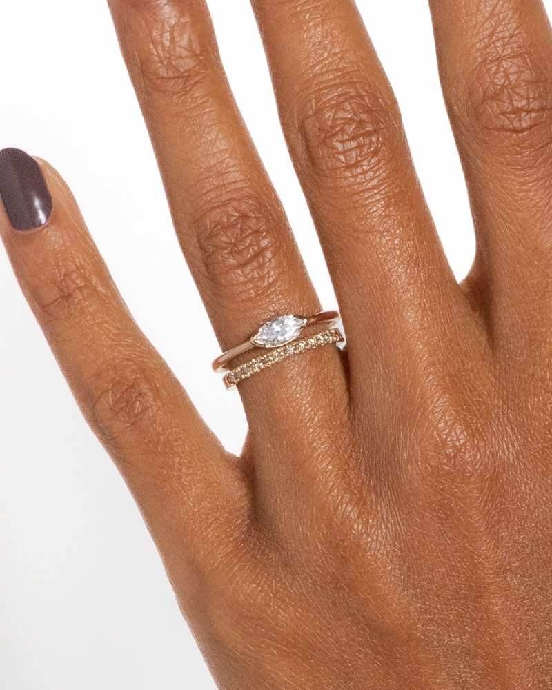 Nikko Diamond Marquise Ring and Eternity Half Champagne Diamond Wide Band on figure