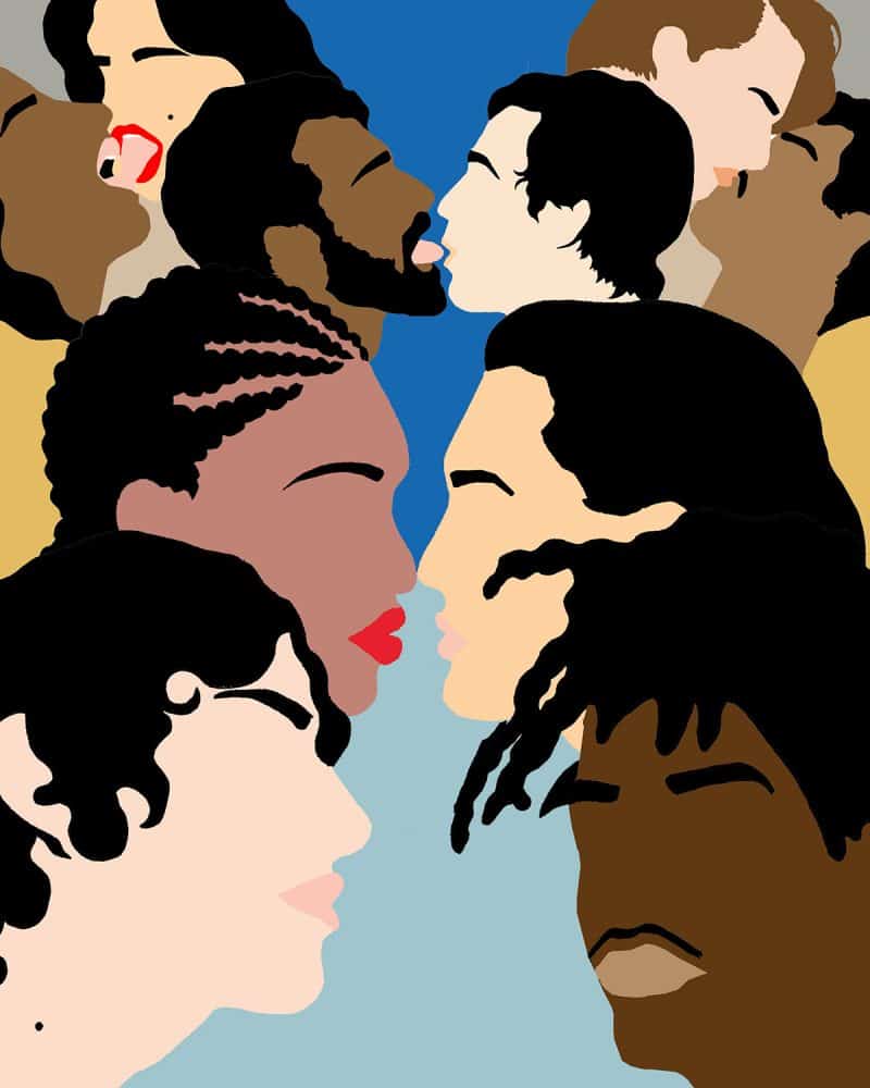 Image of couples with various ethnicities, genders and orientations in a kiss.