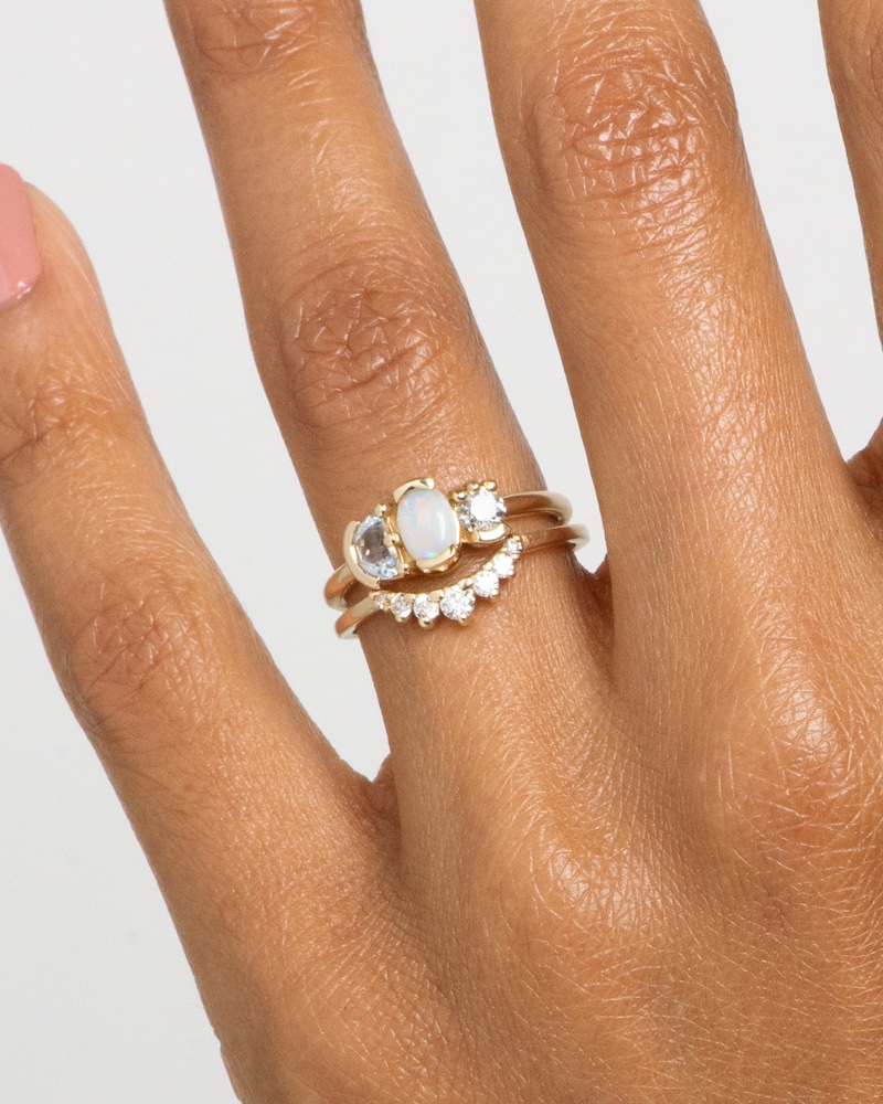 Lash Cluster Triad Opal Ring with Arco Curved Diamond Band on figure