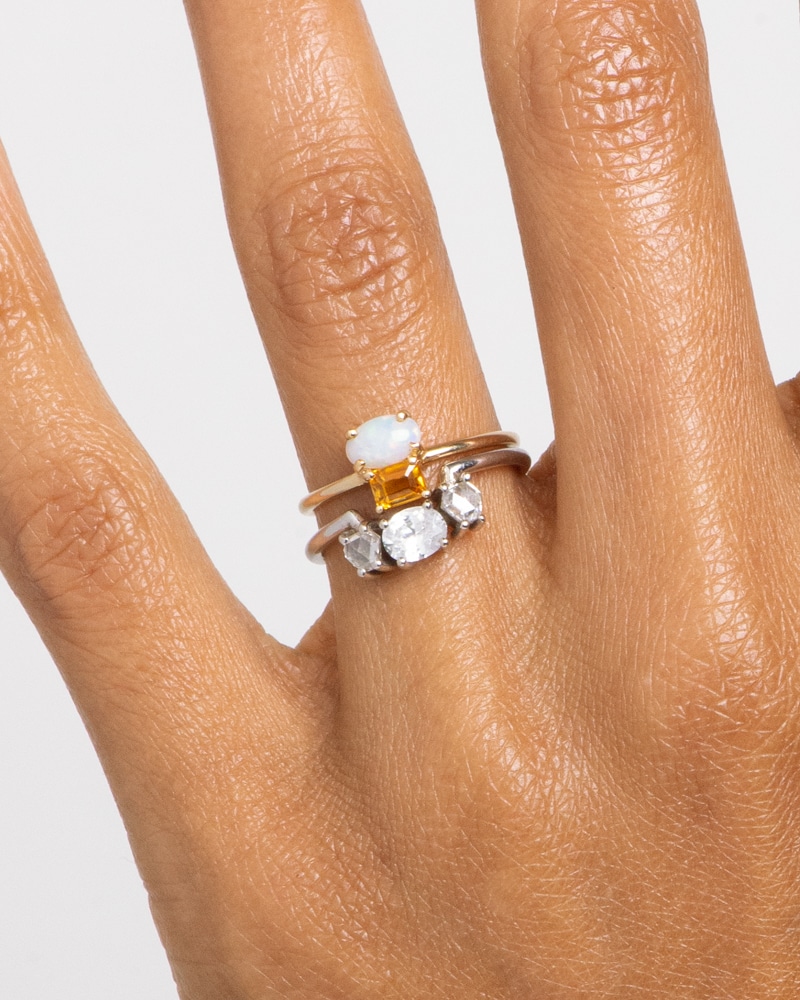 Orla Cluster Opal with Sapphire Ring with Icon Hex Diamond Oval Band on figure