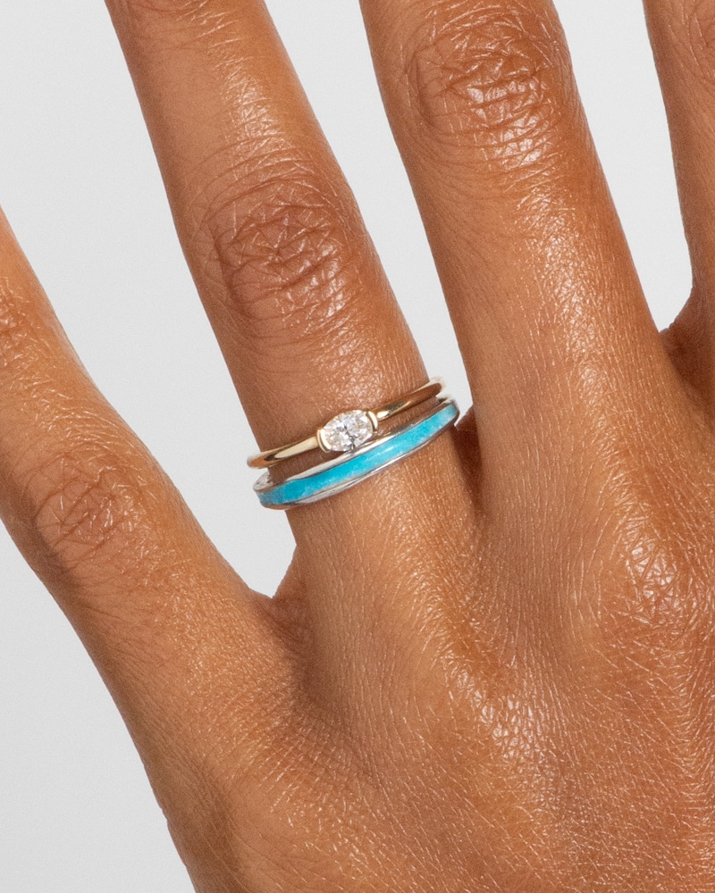 Nikko Mini Diamond Oval Ring with Arc Band with Robin's Egg Blue Enamel on figure