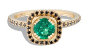 Quince Emerald with Black Diamond Halo Ring