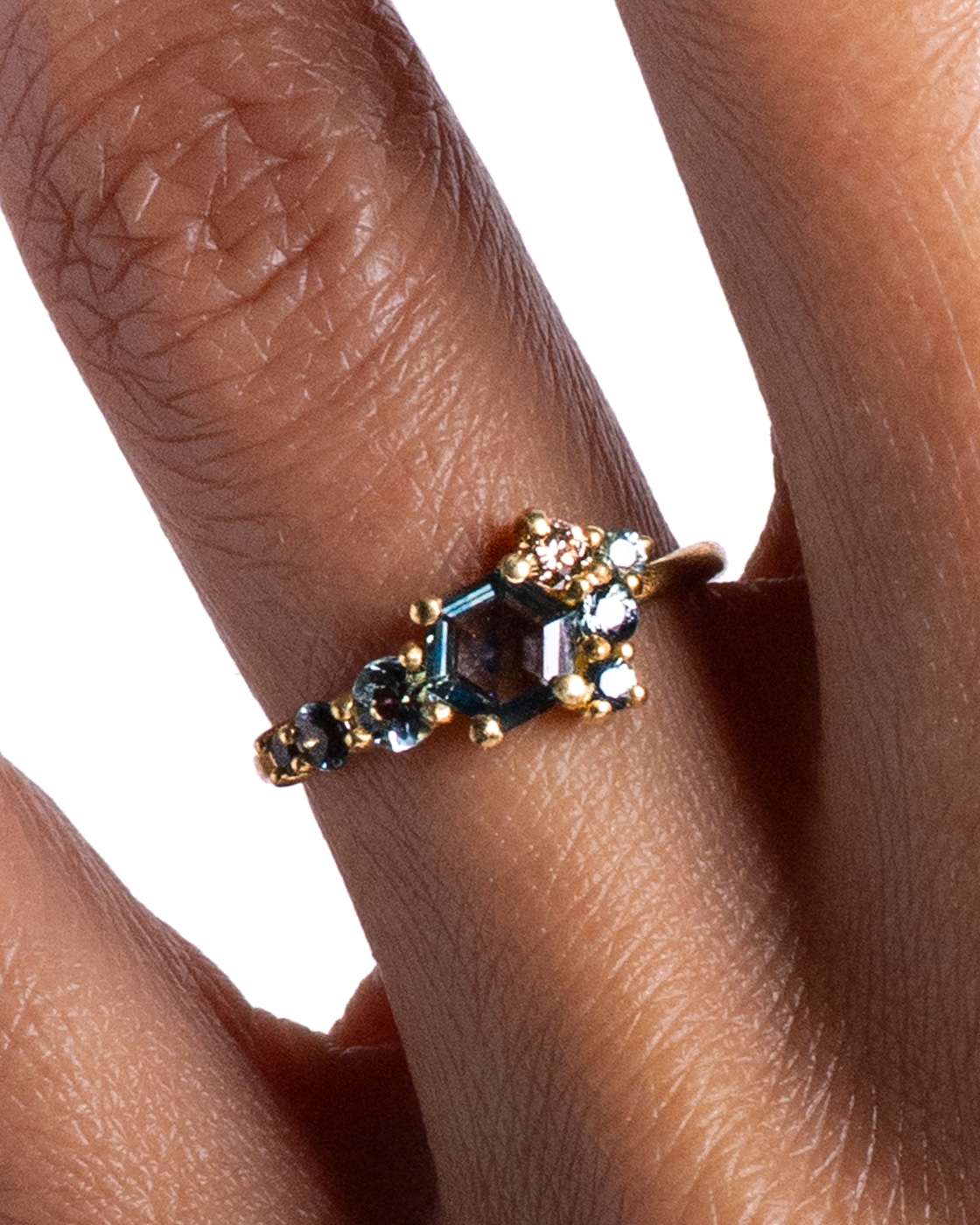 Radial Cluster Hex Blue Sapphire Ring_14Y_On_Figure_WEB2