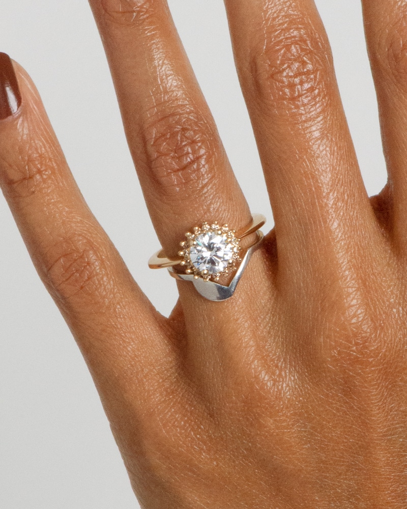 Stellium Diamond with Champagne Diamond Halo Ring with Icon Band on figure