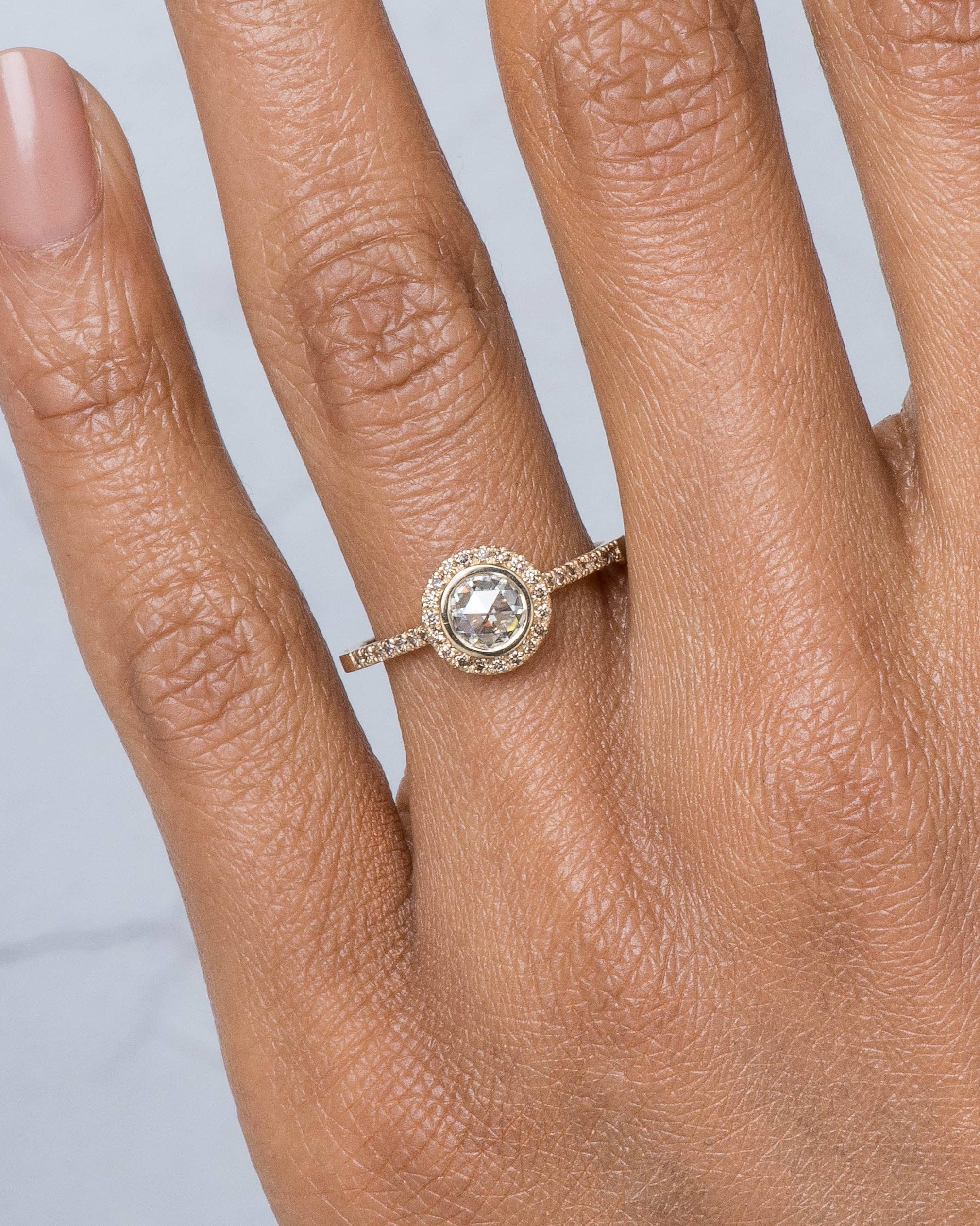 Soma Rose Cut Diamond with Champagne Halo Ring on figure