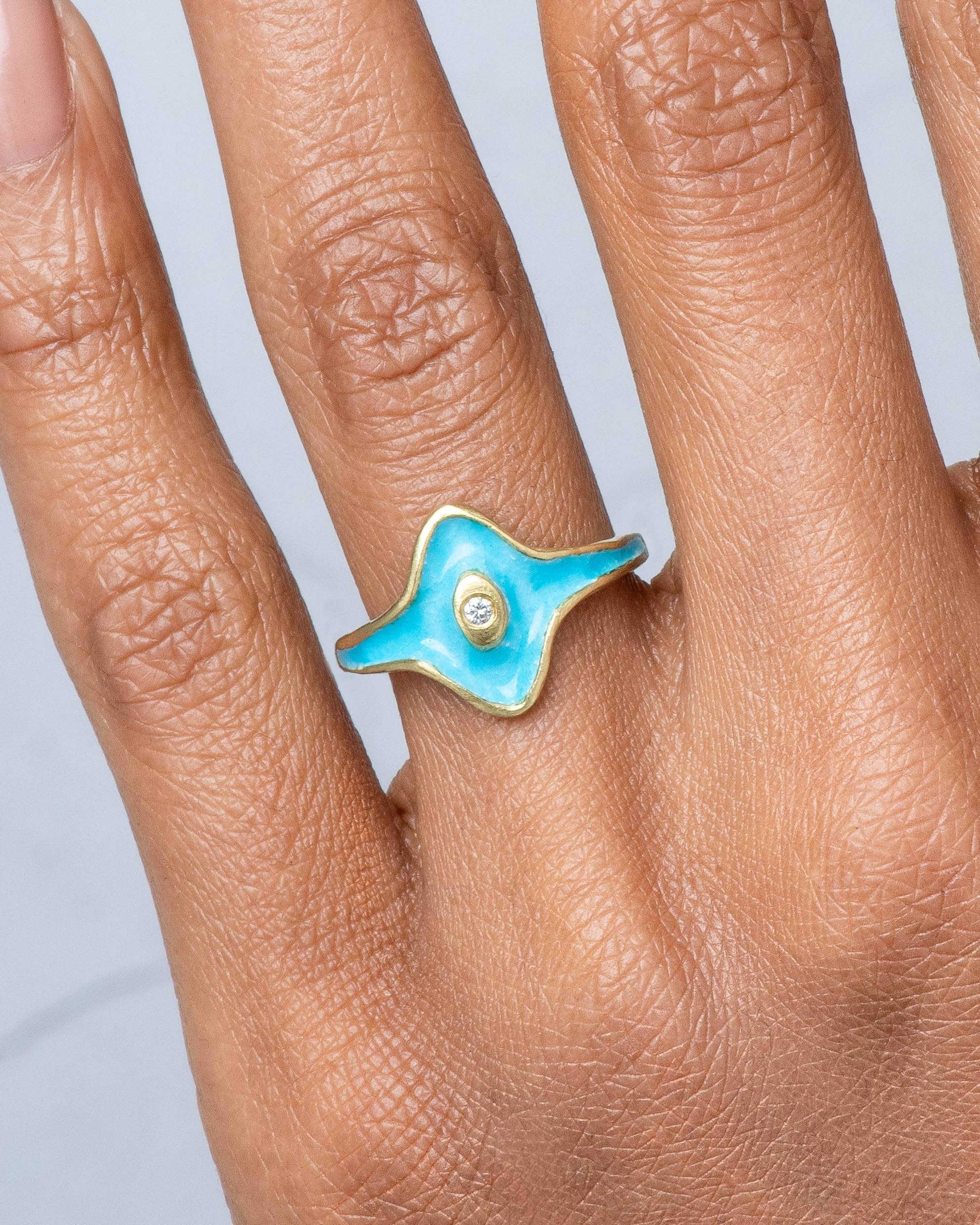 Arc Diamond Halo Ring with Robin's Egg Blue Enamel on figure