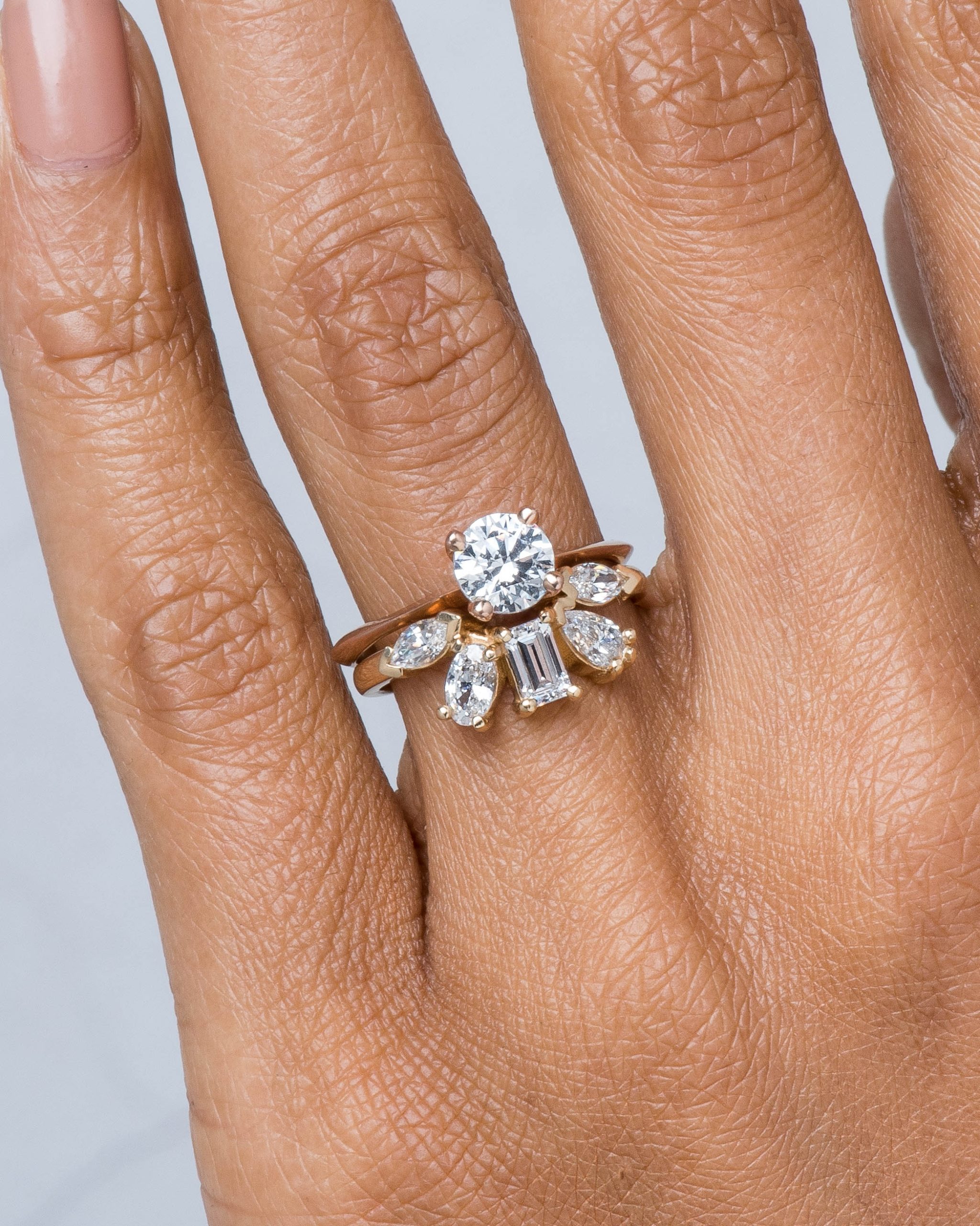 Fringe Cluster Diamond Ring and Avens Diamond Ring on figure