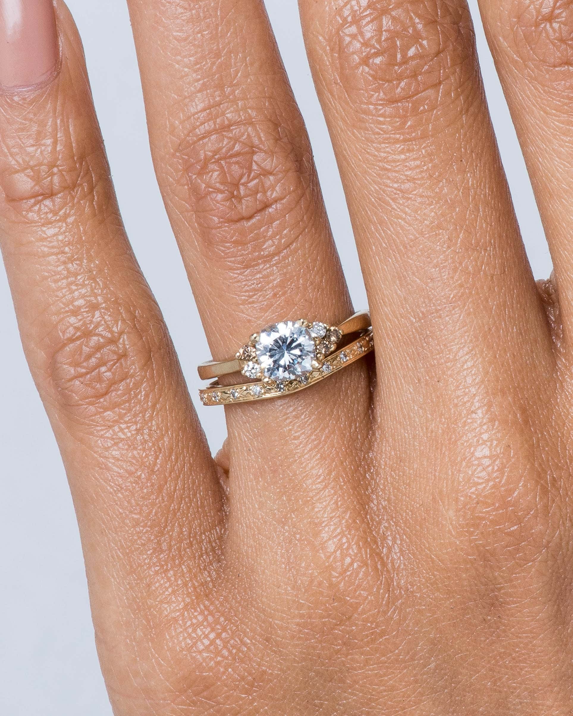 Avens Asymmetrical Diamond Cushion with Champagne Ombré Ring and Luma Curved Diamond Band on figure