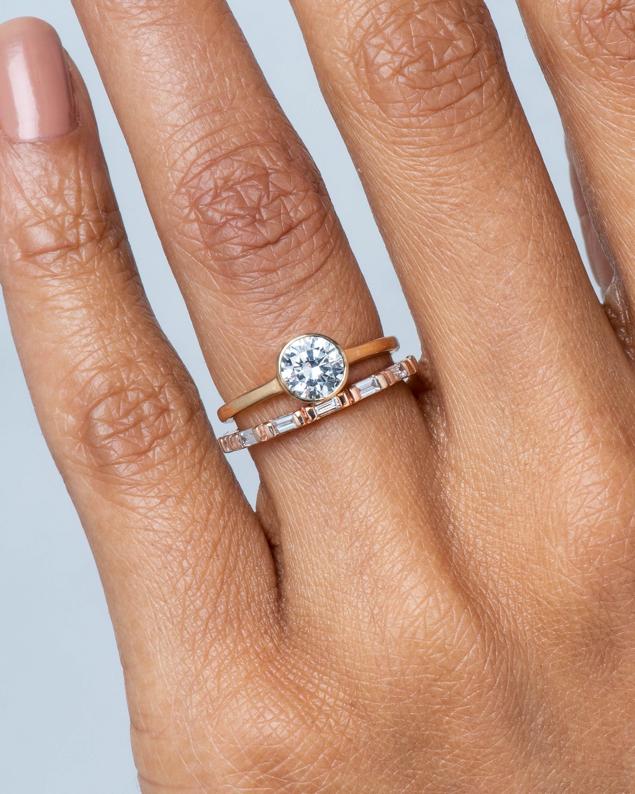 Allium Diamond Ring .75ct and Baguette Diamond Band on figure