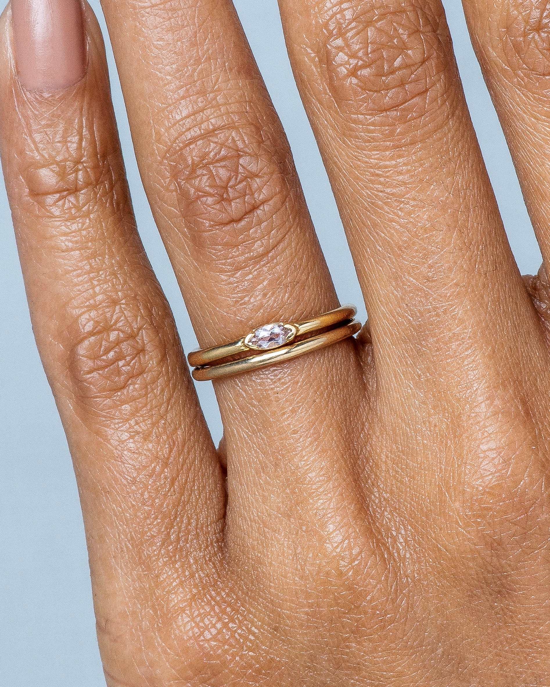 Nikko Mini Morganite Marquise Ring and Nikko Band on figure