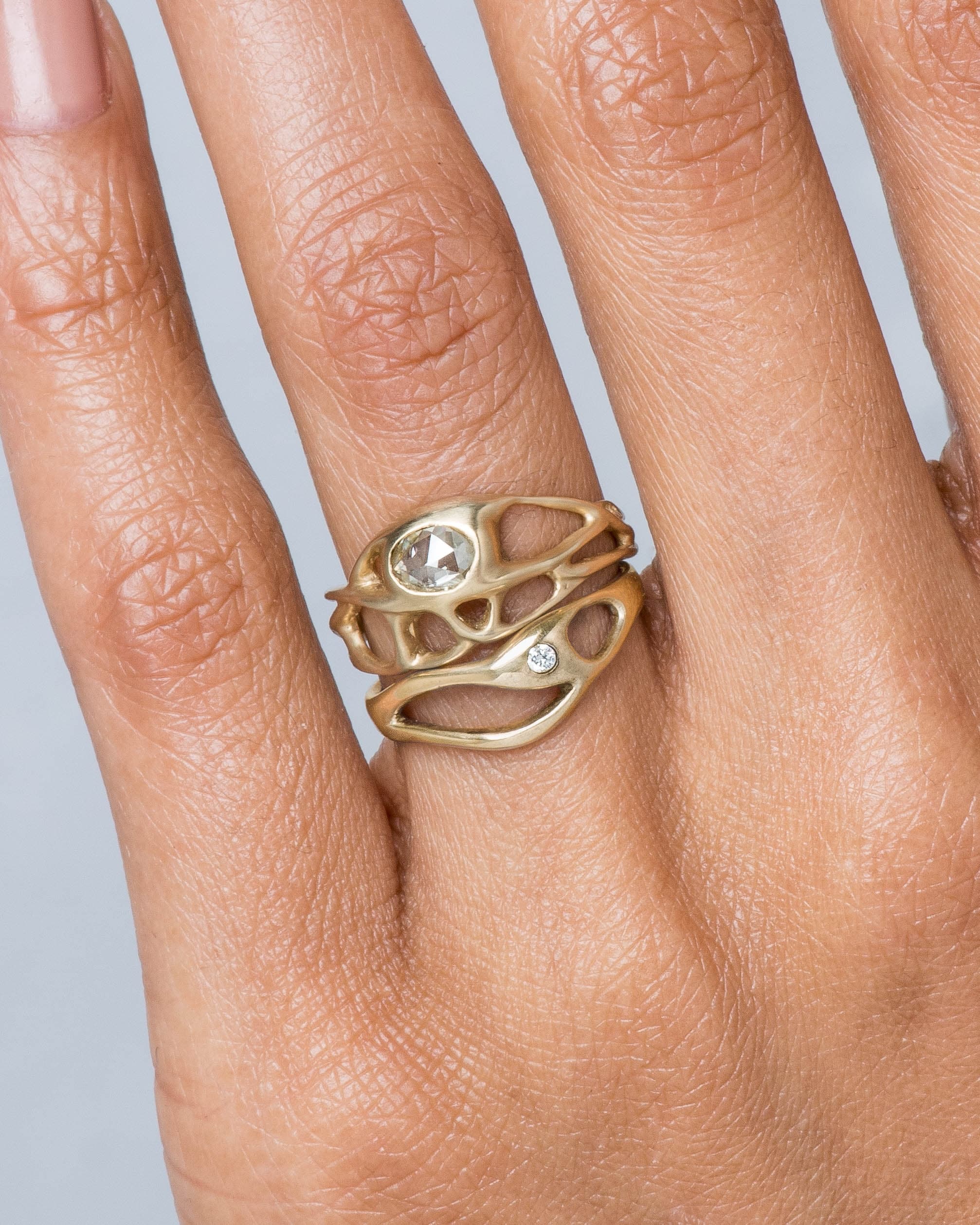 Gale Rose Cut Champagne Diamond Ring and Bend Diamond Ring on figure