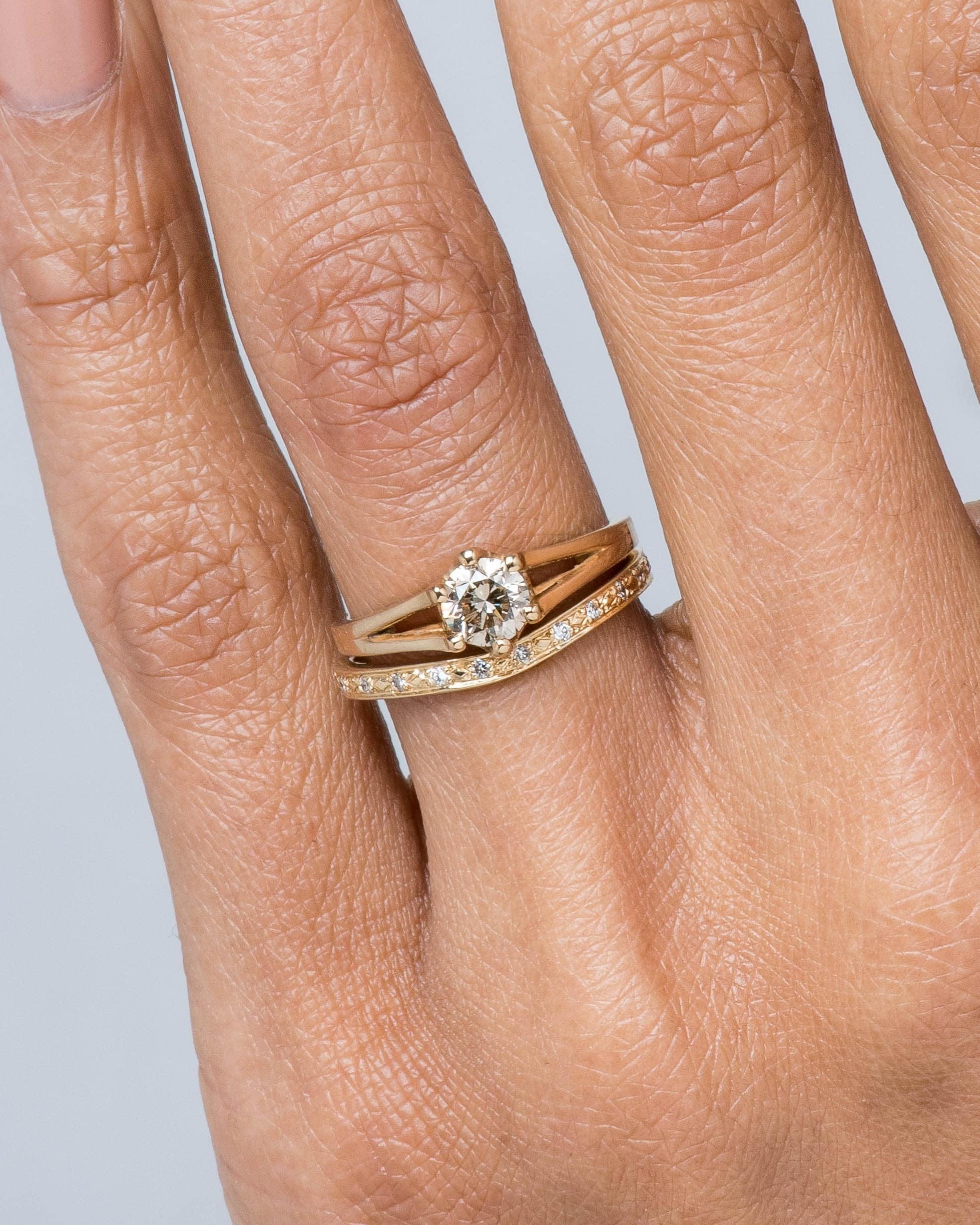 Myrtle Champagne Diamond Ring and Luma Curved Diamond Band on figure