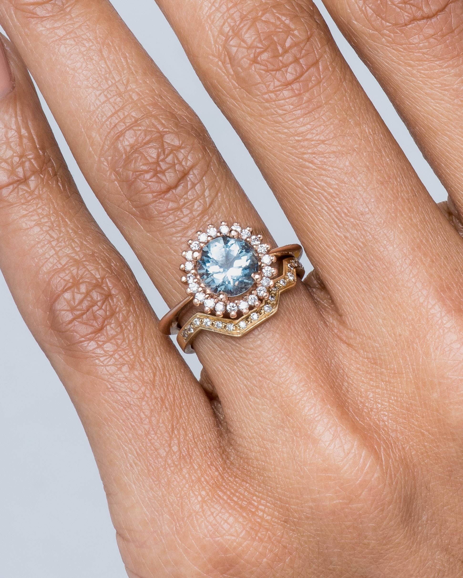 Stellium Aquamarine with Diamond Halo Ring and Linea Diamond Band on figure