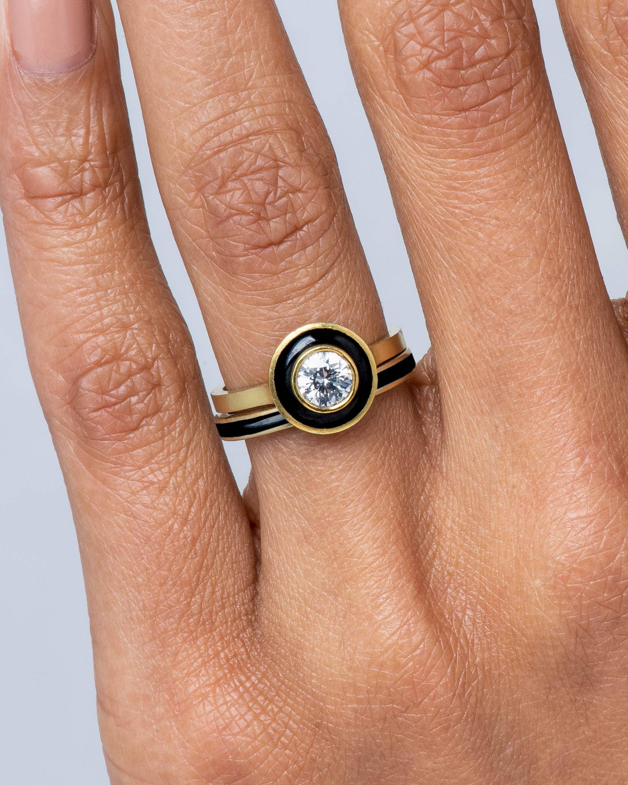 Senna Diamond Halo Ring with Black Enamel and Senna Narrow Band with Black Enamel on figure