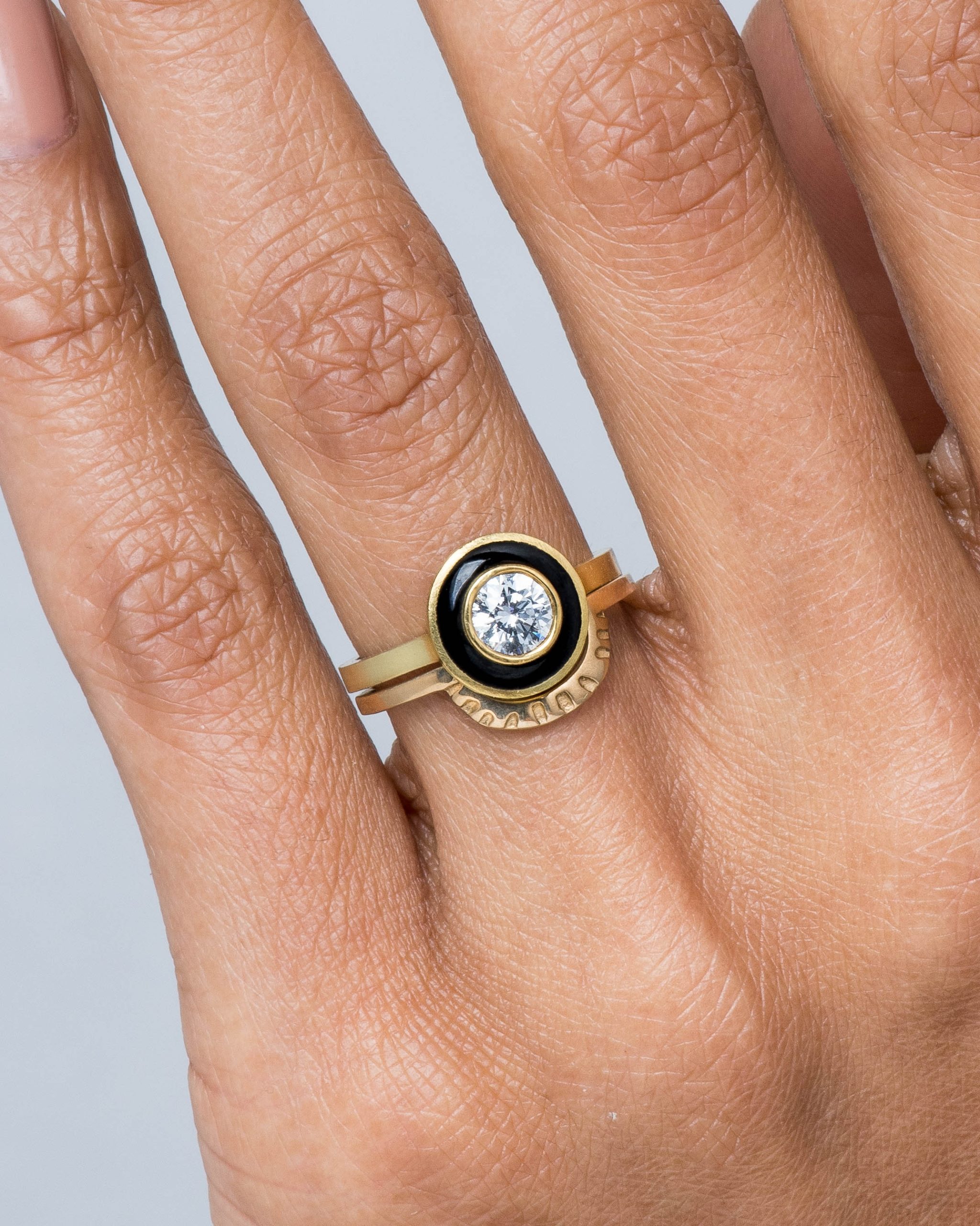 Senna Diamond Halo Ring with Black Enamel and Ray Fringe Band on figure