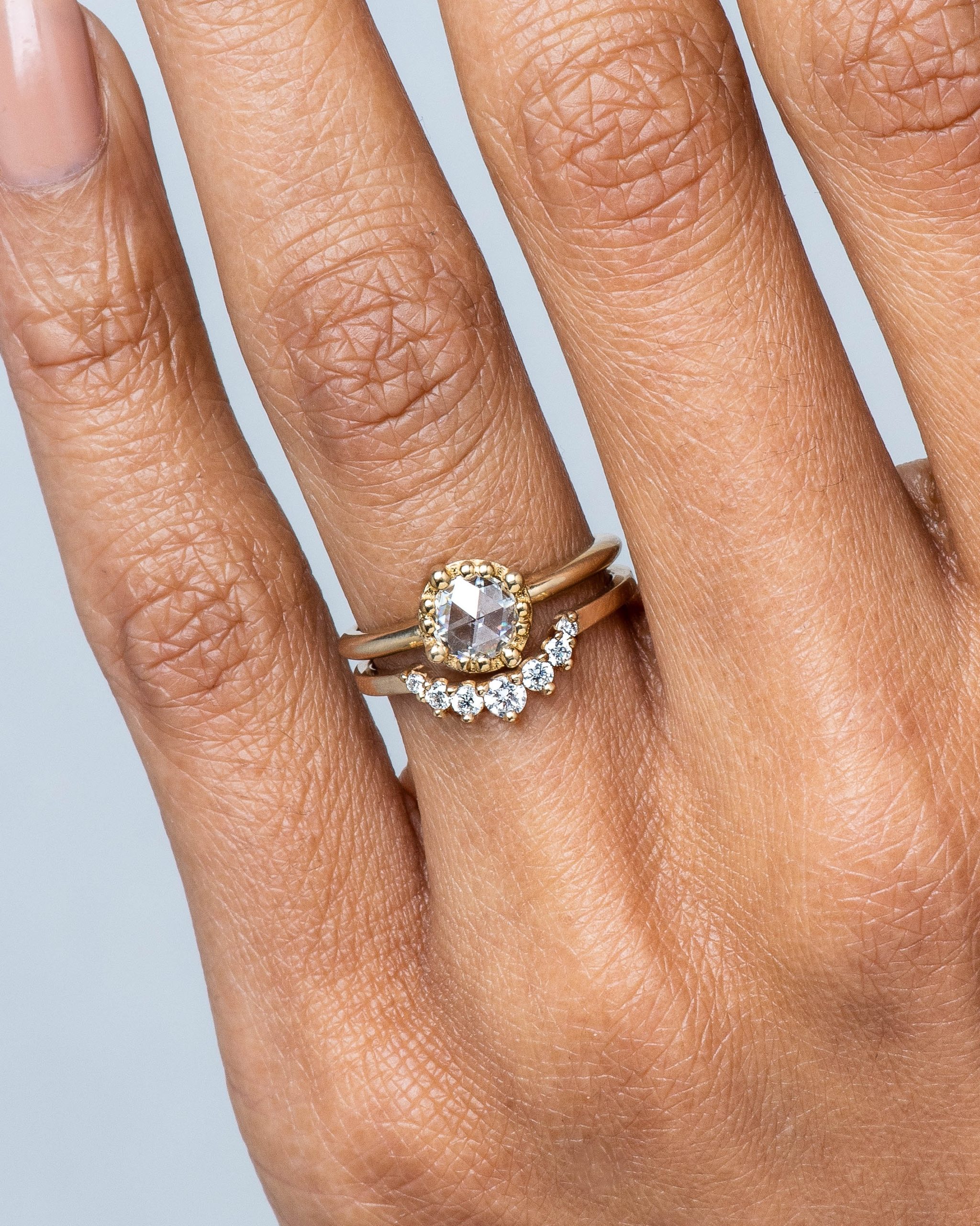 Sol Rose Cut Diamond Ring and Arco Curved Diamond Band on figure