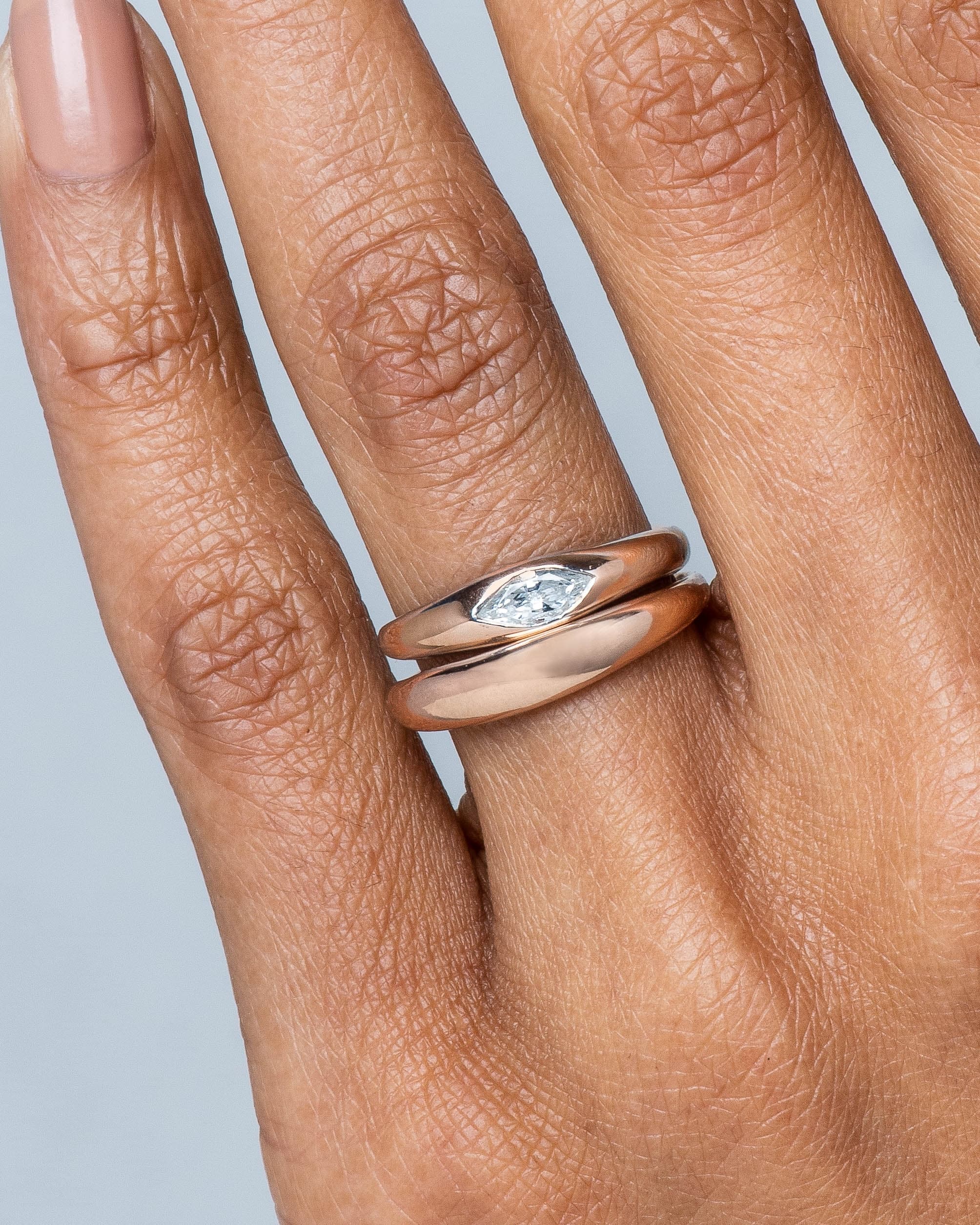 Crescent Diamond Marquise Ring and Crescent Band on figure