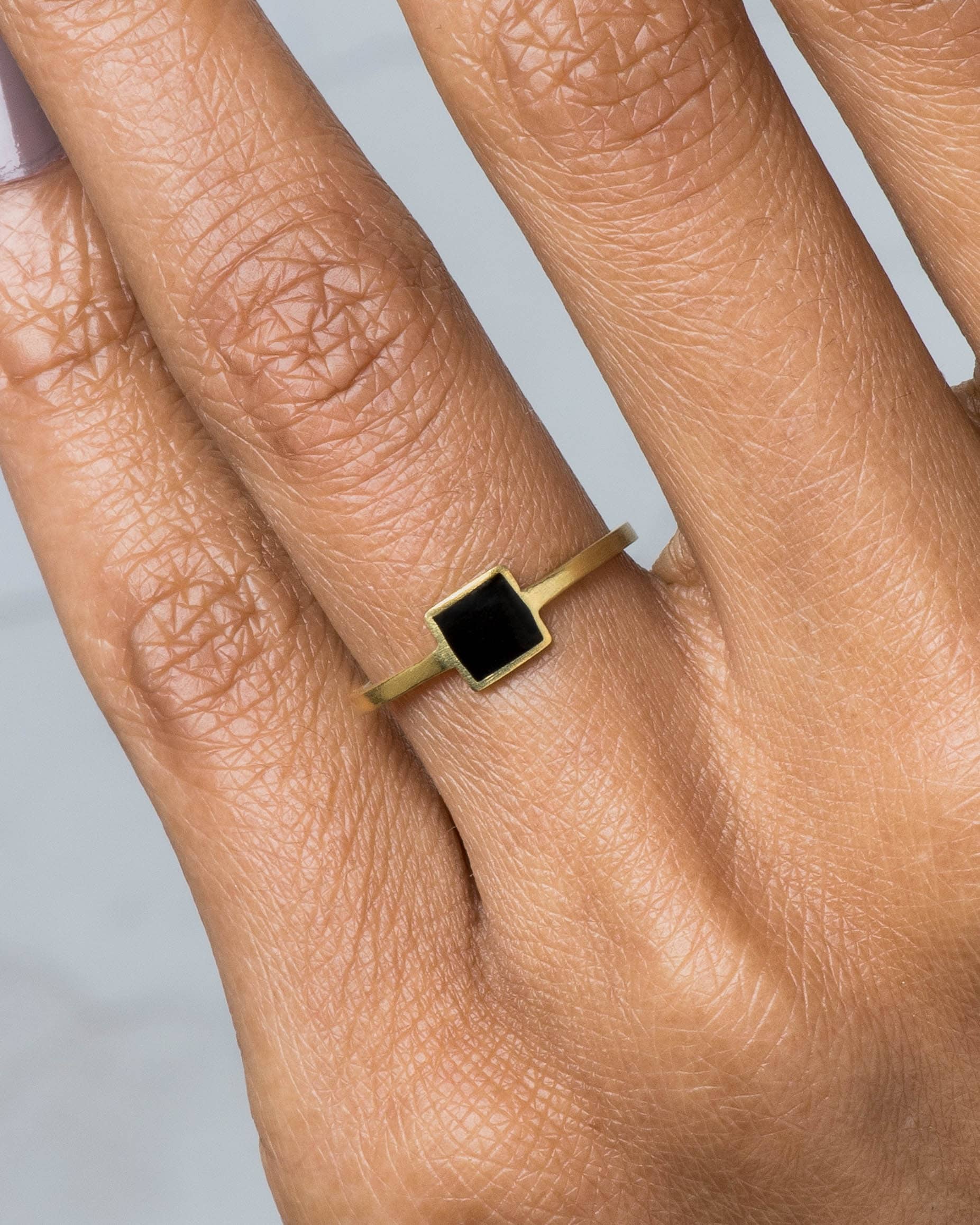 Senna Square Ring with Black Enamel on figure