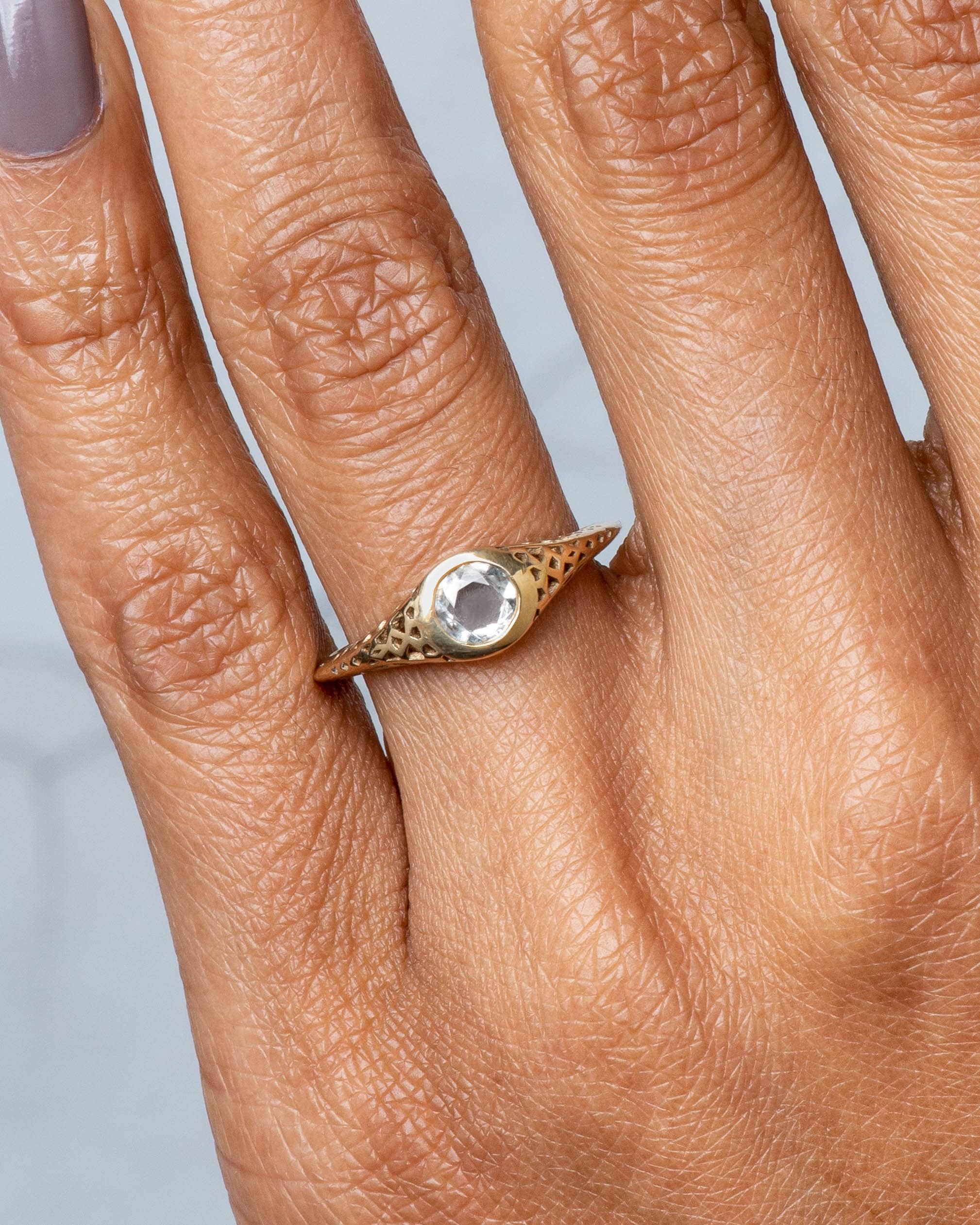 Filigree Rose Cut White Sapphire Ring on figure