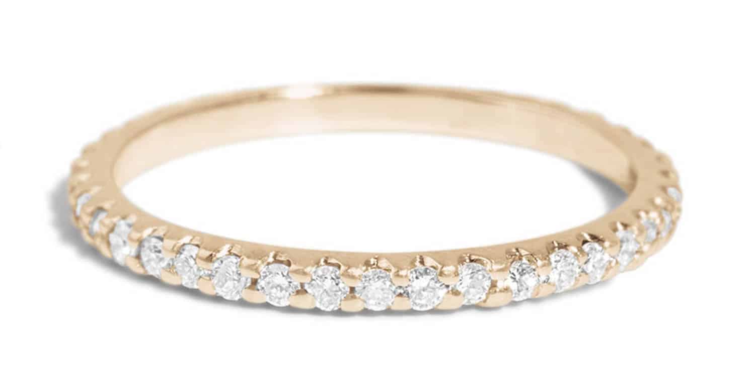 A delicate gold ring features a continuous line of small, sparkling diamonds set along its band. The eternity ring is displayed on a plain background, emphasizing its elegance.