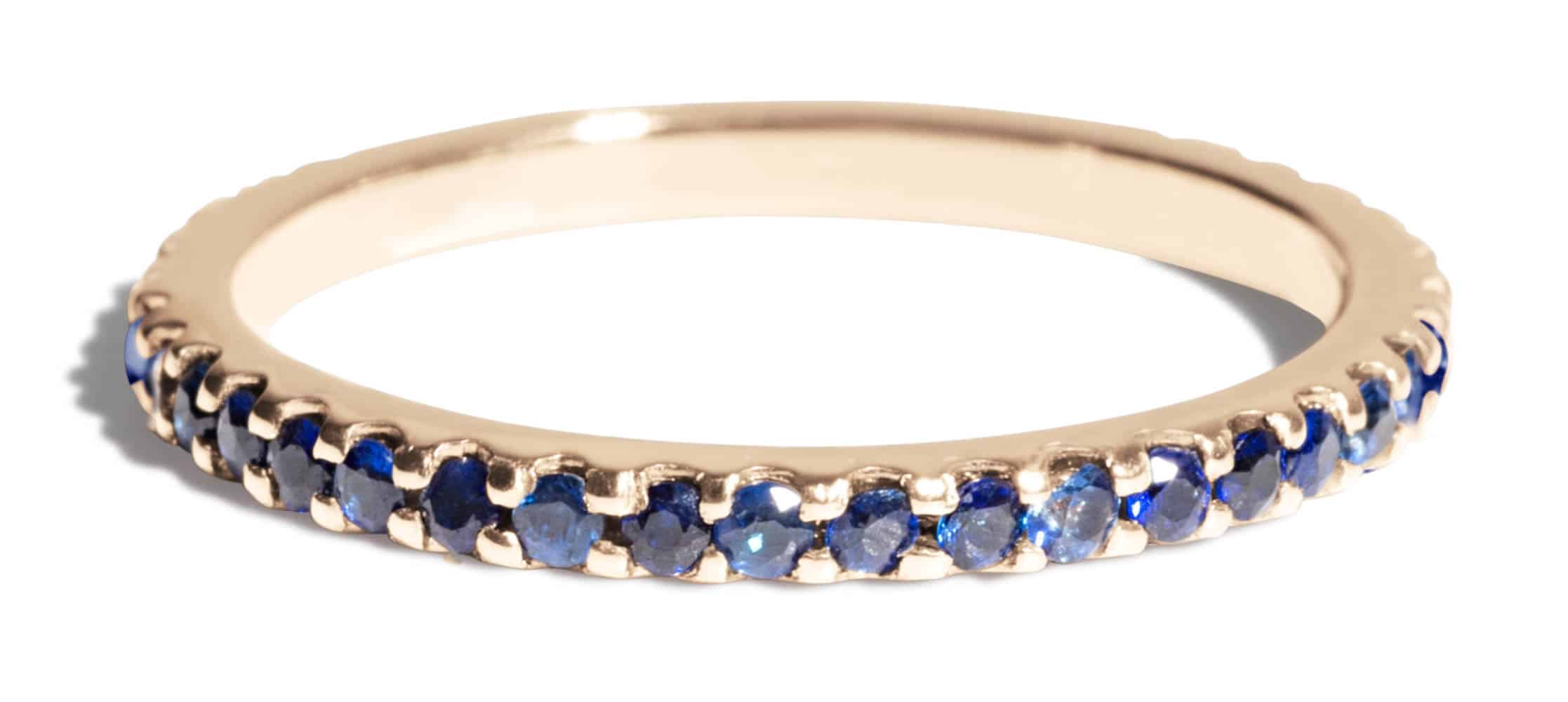A gold ring adorned with evenly spaced blue gemstones rests in a well-lit environment, showcasing its polished surface and intricate band design.