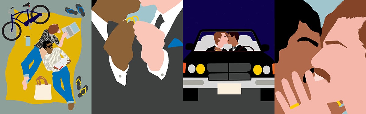 Illustrated story of two men selecting their rings and getting married.
