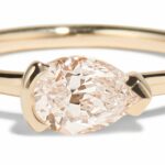 A gold ring features a large, east-west pear-shaped diamond prominently set at the center, showcasing its brilliance against a smooth, polished band. The background is neutral, emphasizing the ring's elegance.