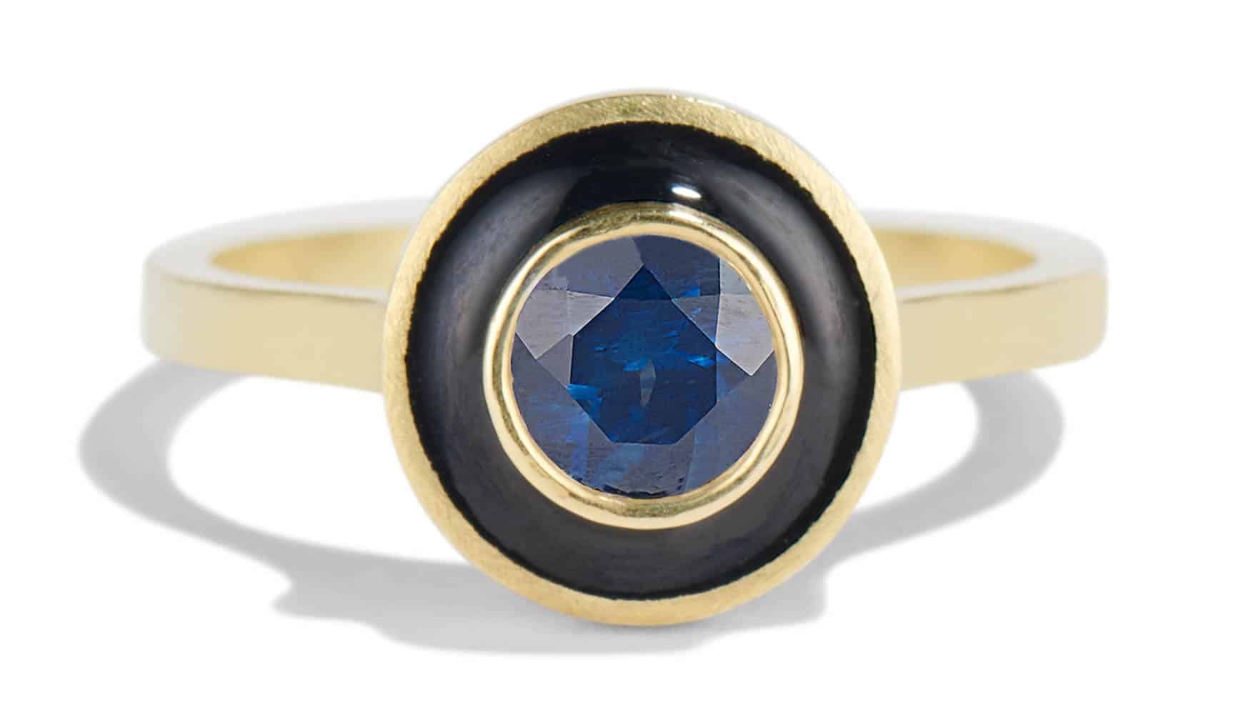 Senna Blue Sapphire Halo Ring with Black Enamel