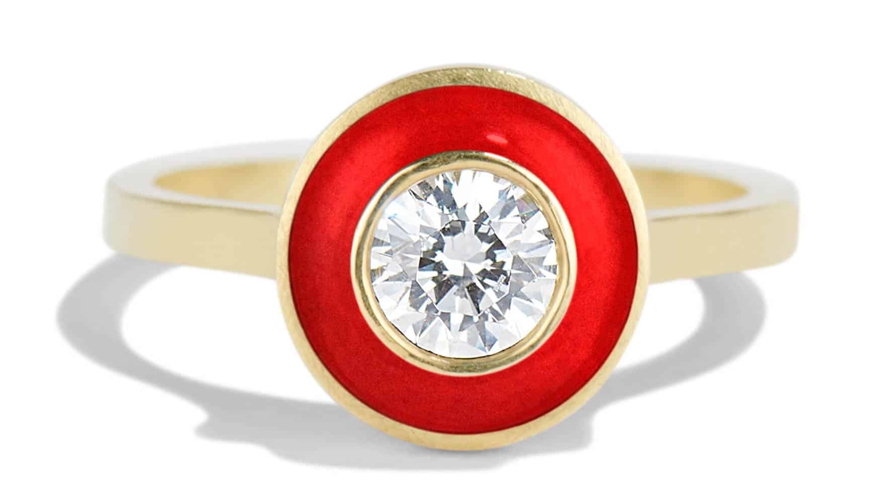 Senna Diamond Halo Ring with Tomato Red Enamel