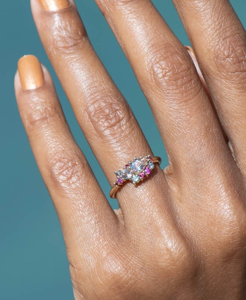 Sway Cluster Morganite, Diamond and Sapphire Ombré Ring on figure