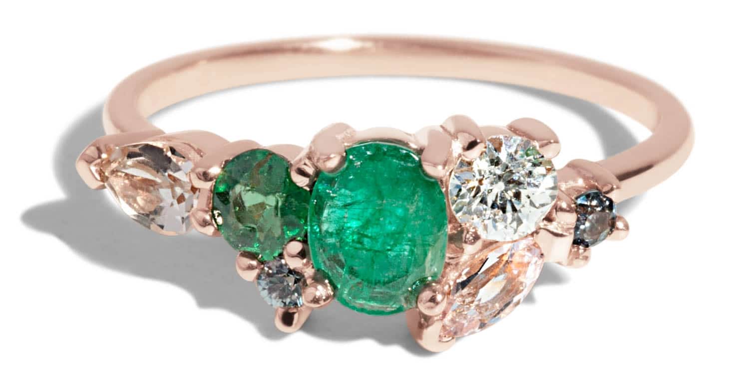 Custom Emerald, Diamond, and Sapphire Cluster Ring